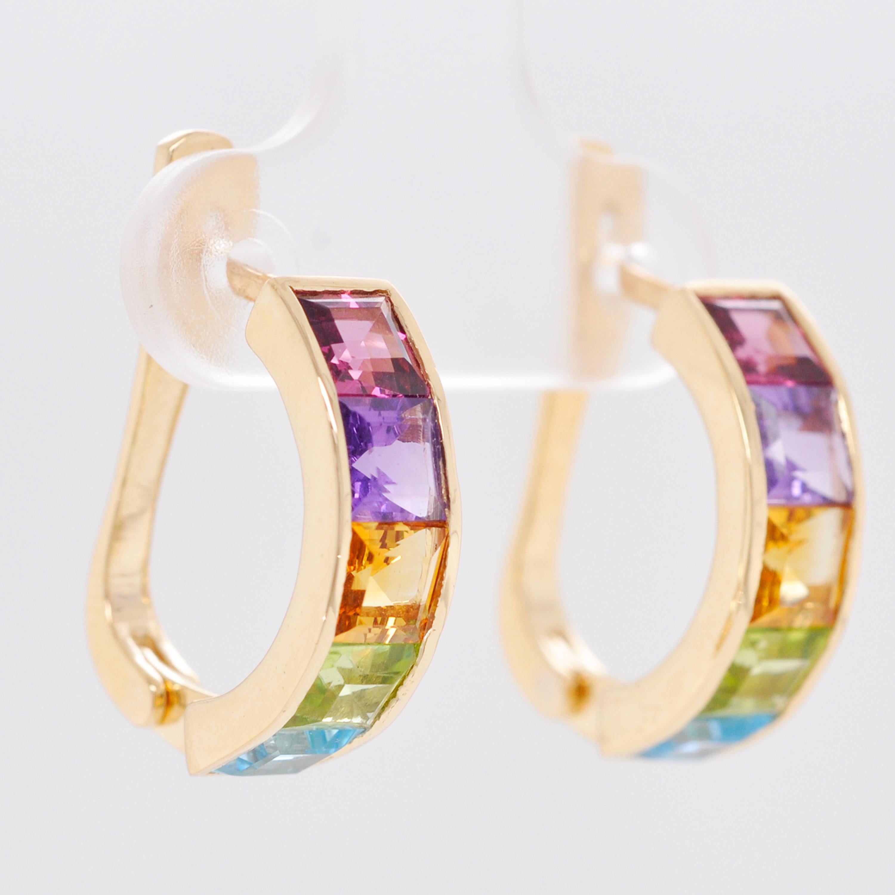 Square Cut 18 Karat Yellow Gold Multicolour Step Cut Gemstones Linear Rainbow Hoop Earrings For Sale