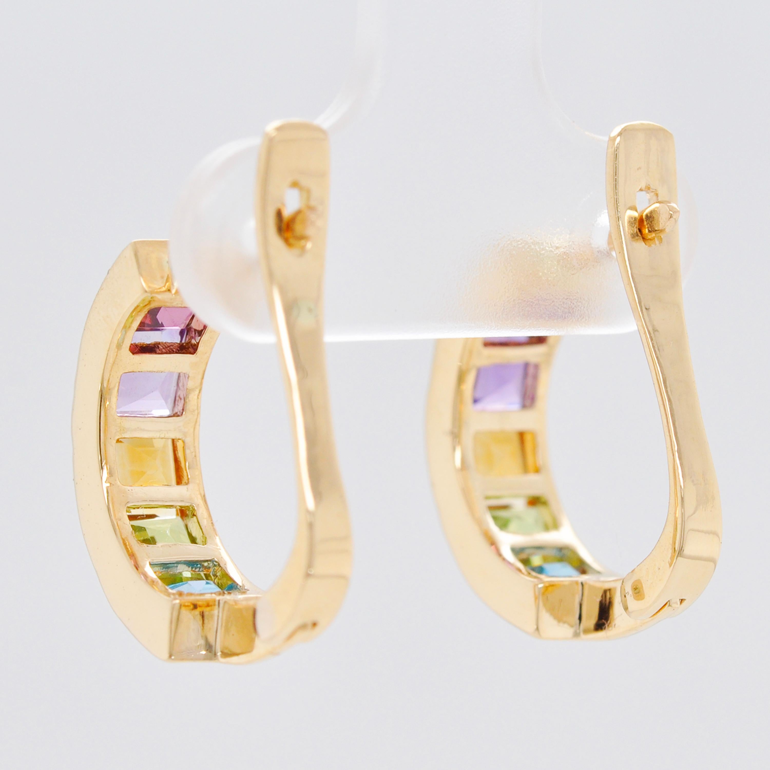 18 Karat Yellow Gold Multicolour Step Cut Gemstones Linear Rainbow Hoop Earrings In New Condition For Sale In Jaipur, Rajasthan