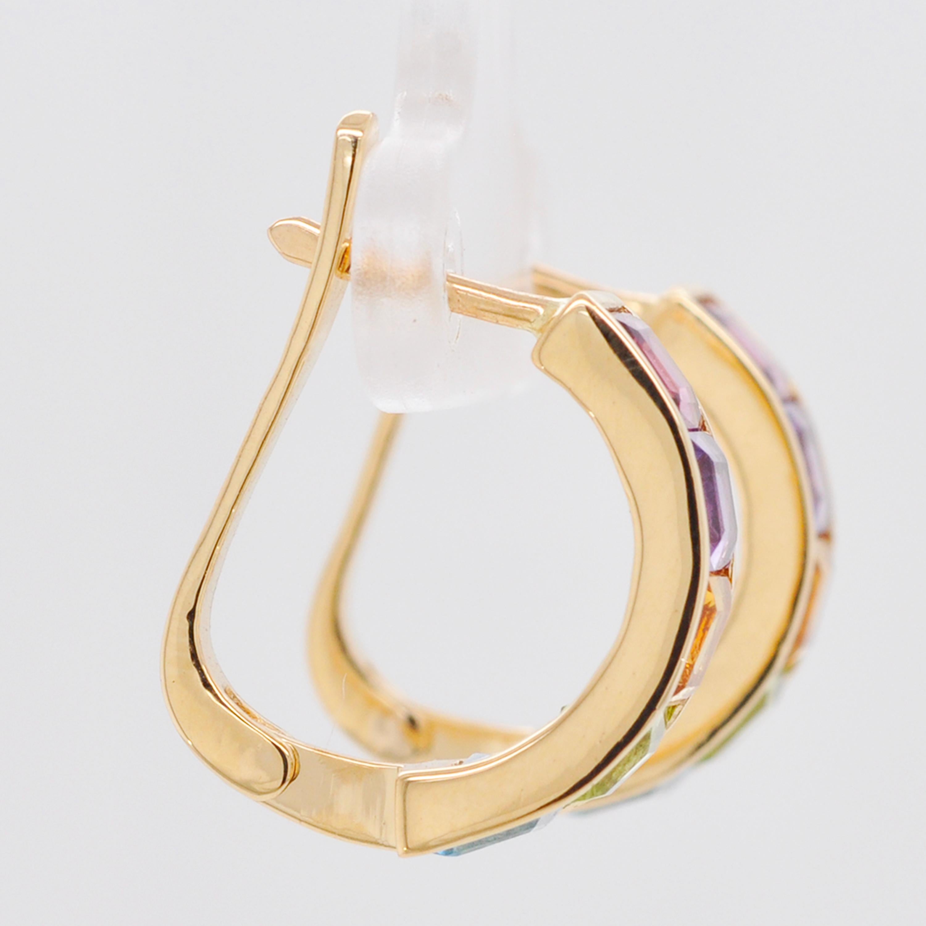 18 Karat Yellow Gold Multicolour Step Cut Gemstones Linear Rainbow Hoop Earrings For Sale 1