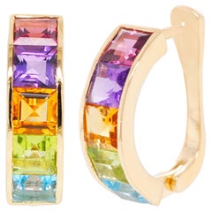18 Karat Yellow Gold Multicolour Step Cut Gemstones Linear Rainbow Hoop Earrings