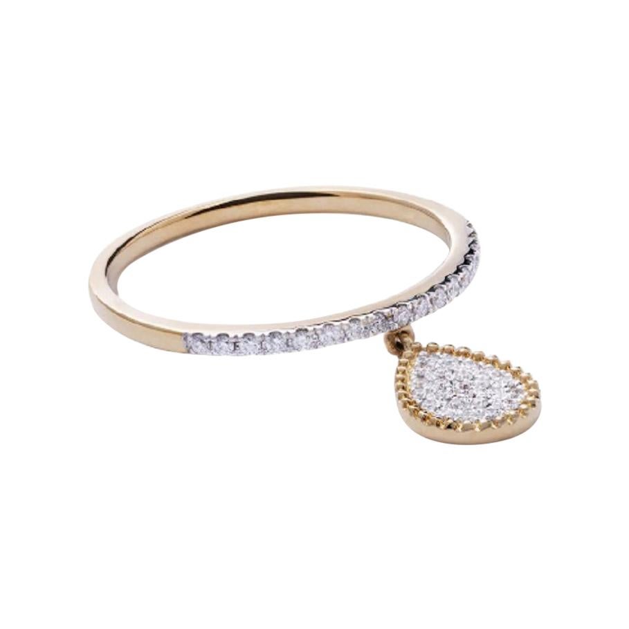 18 Karat Yellow Gold Mye Pear Beading Pave Diamond Ring For Sale