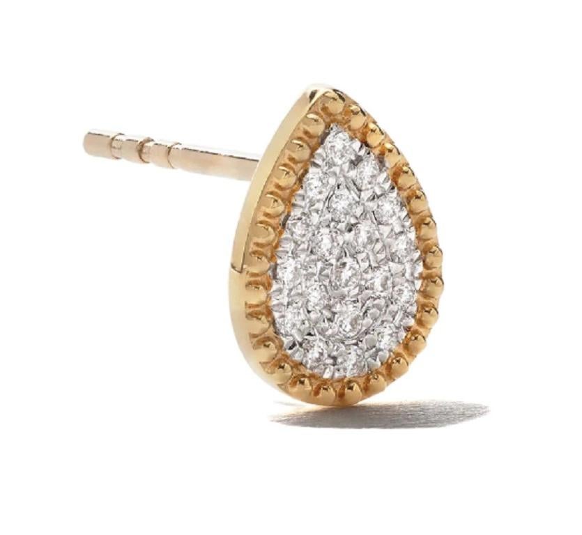 Round Cut 18 Karat Yellow Gold Mye Pear Beading Pave Diamond Stud Earrings For Sale