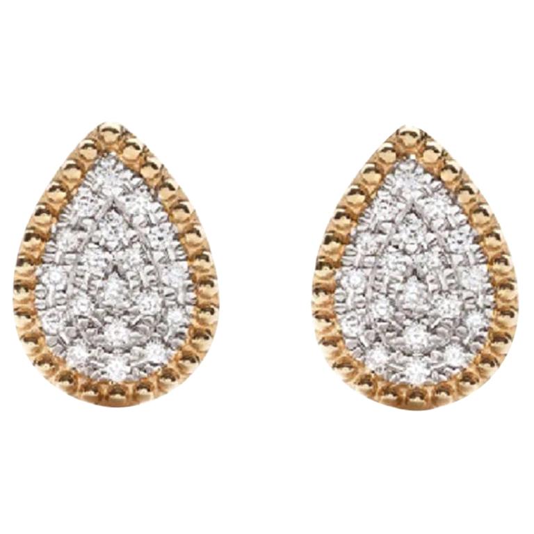 18 Karat Yellow Gold Mye Pear Beading Pave Diamond Stud Earrings For Sale