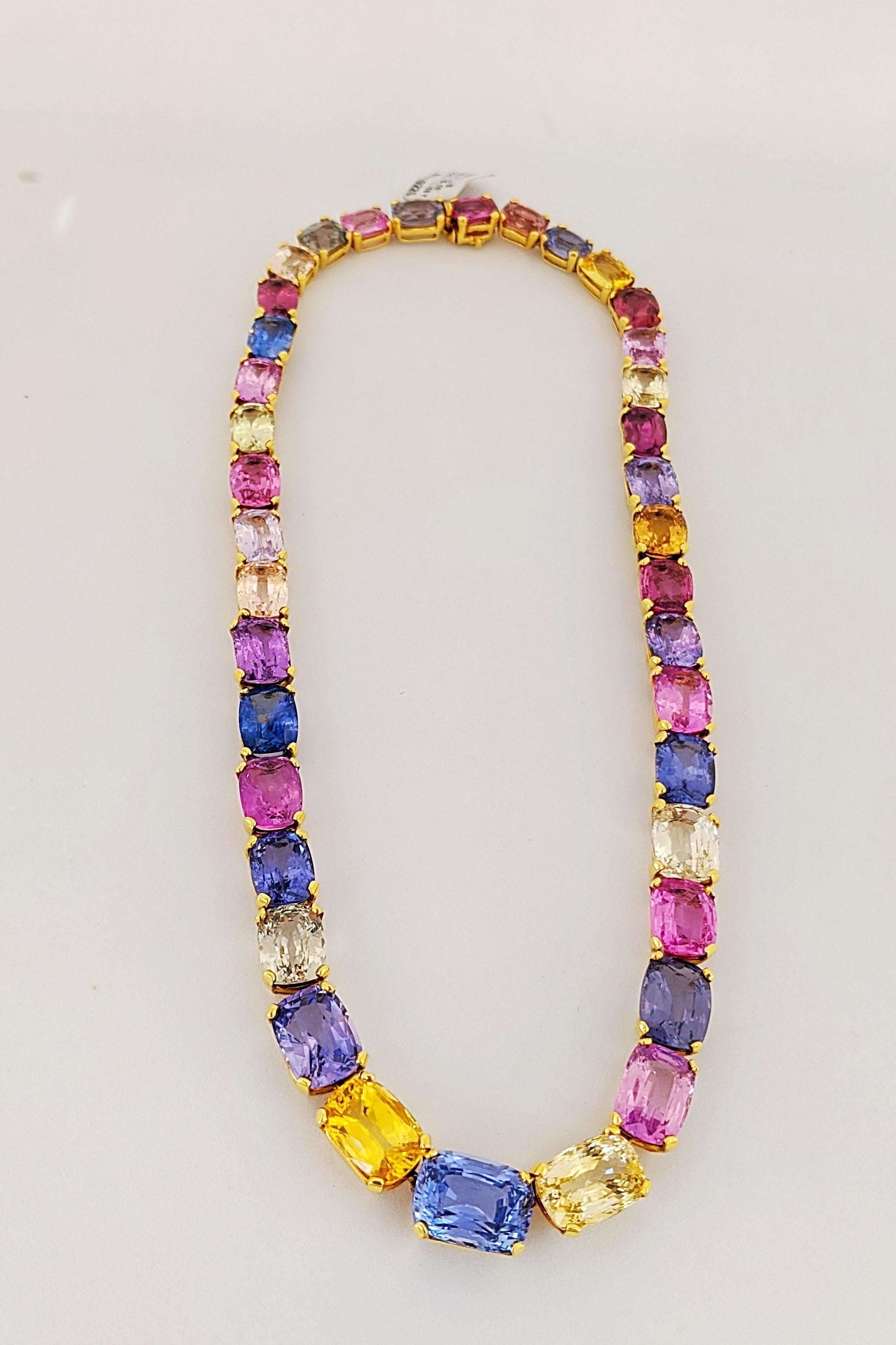 Contemporary 18 Karat Yellow Gold, Natural 144.55 Carat Multicolored Sapphire Necklace