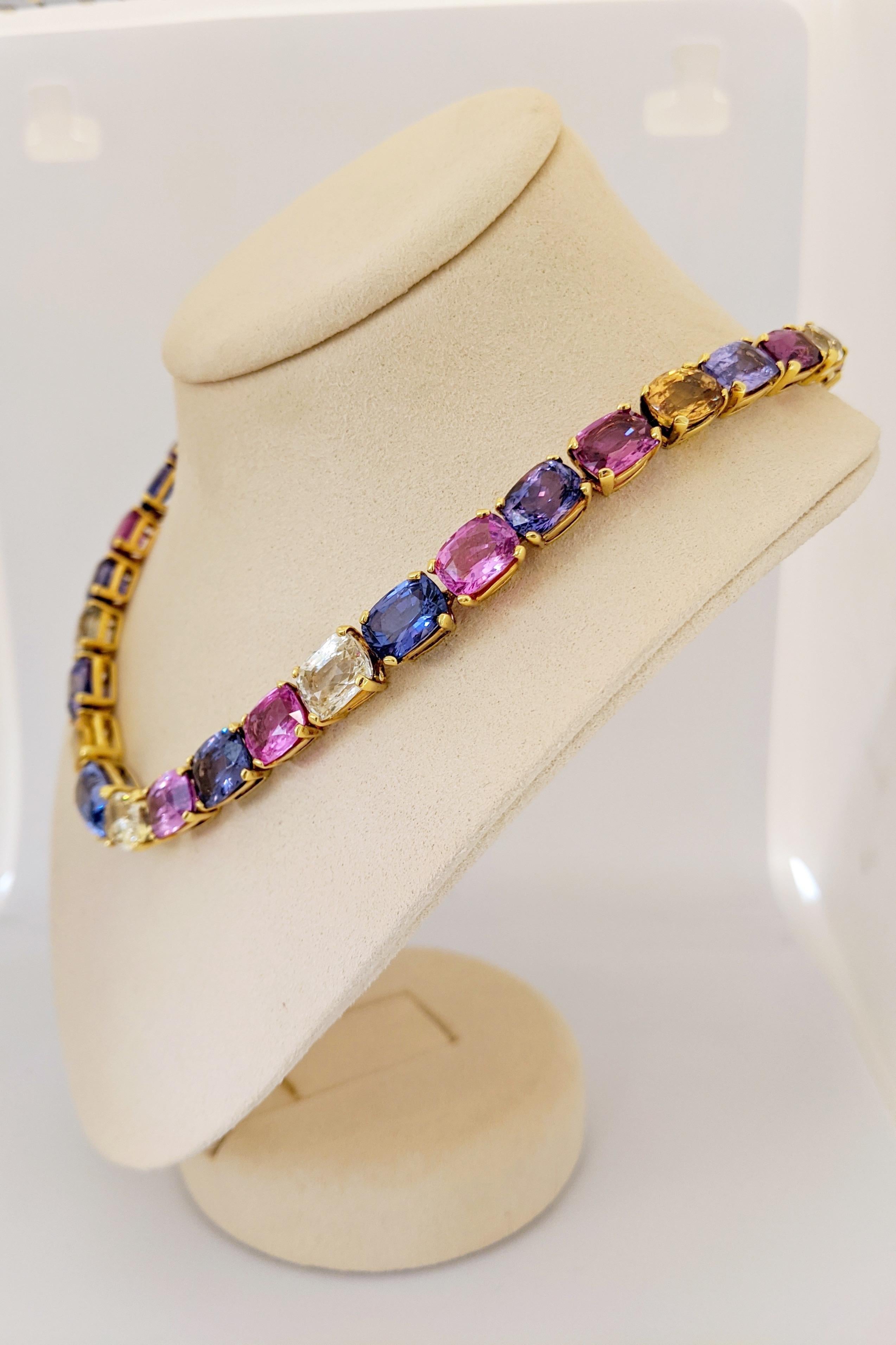 Cushion Cut 18 Karat Yellow Gold, Natural 144.55 Carat Multicolored Sapphire Necklace