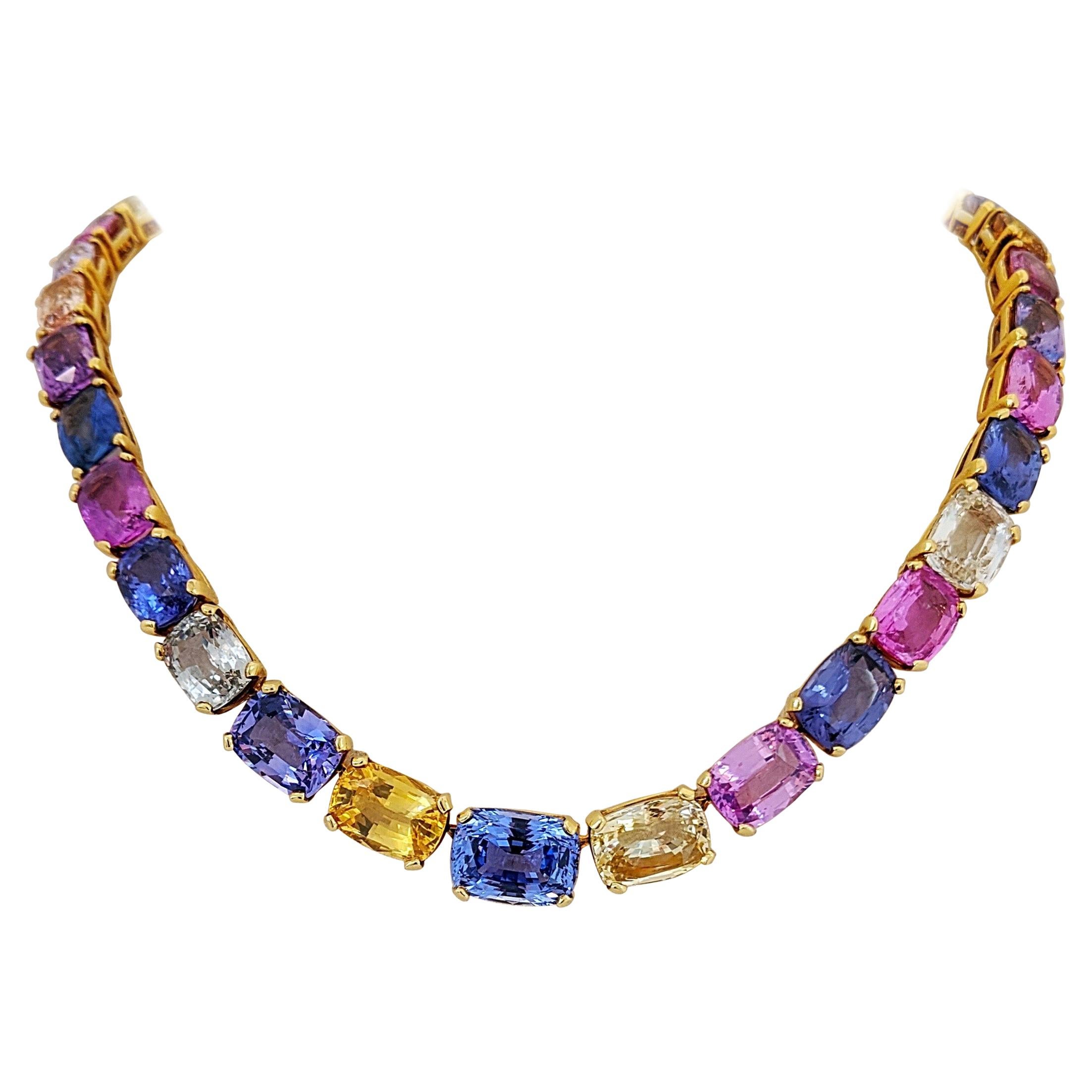 18 Karat Yellow Gold, Natural 144.55 Carat Multicolored Sapphire Necklace