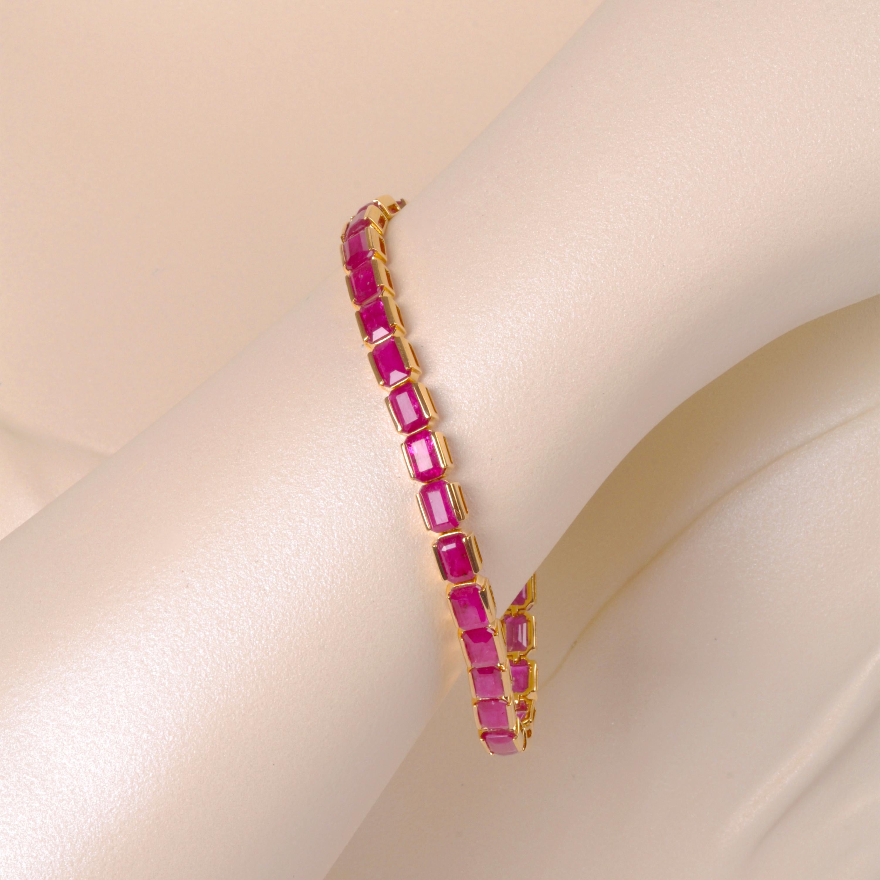 This deep and rich red ruby tennis bracelet features 28 identical octagon shaped rubies, each measuring 6x4mm and weighing a total of 16.65cts. The rubies are set in a half bezel setting, enhancing their exquisite beauty and creating an enchanting