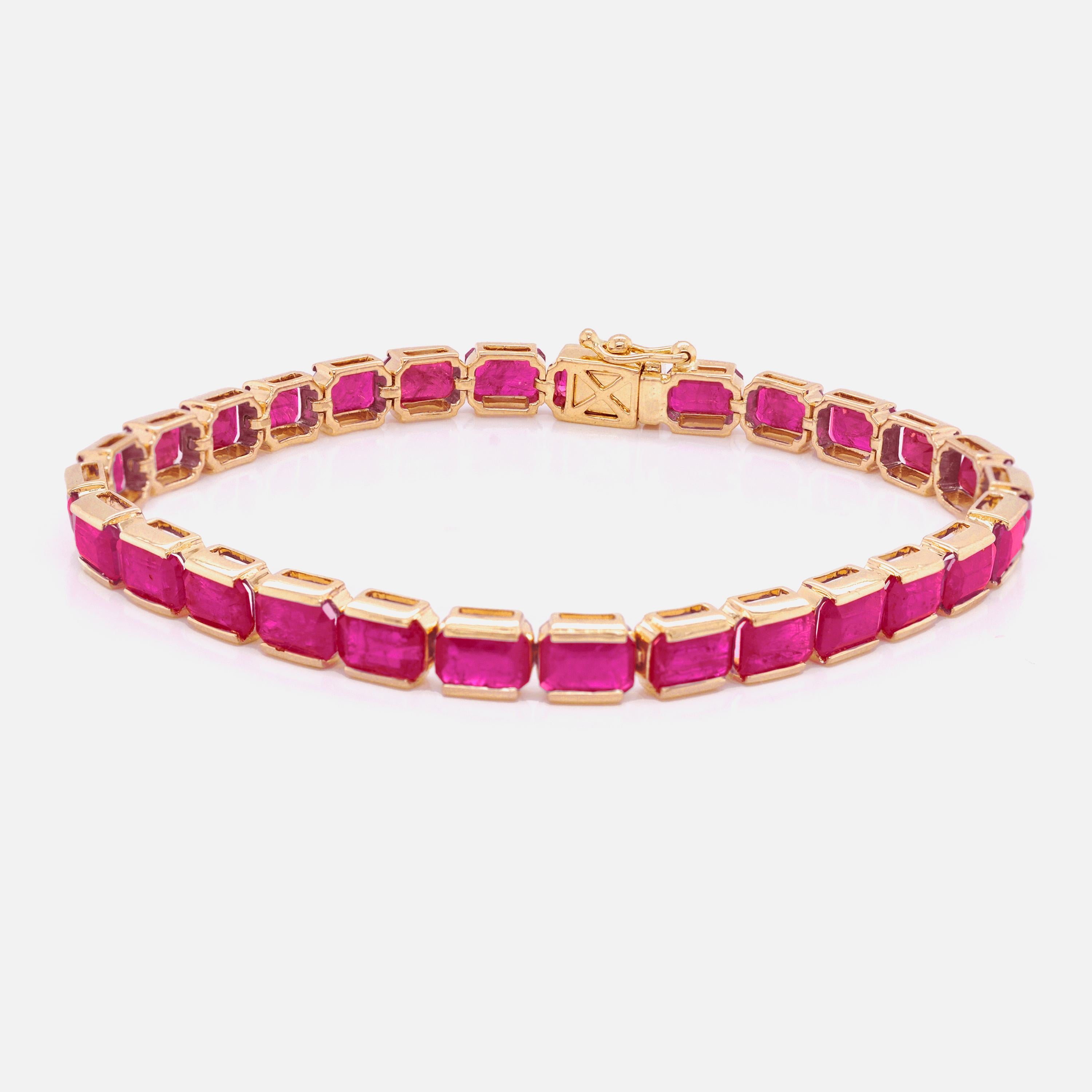 Octagon Cut 18 Karat Yellow Gold Natural 6X4 MM Ruby Octagon Tennis Line Bracelet For Sale