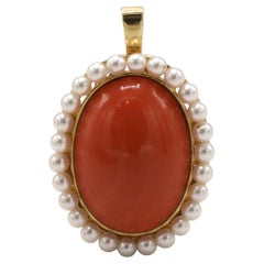 18 Karat Yellow Gold Natural Coral & Pearl Multi Row Pendant Necklace