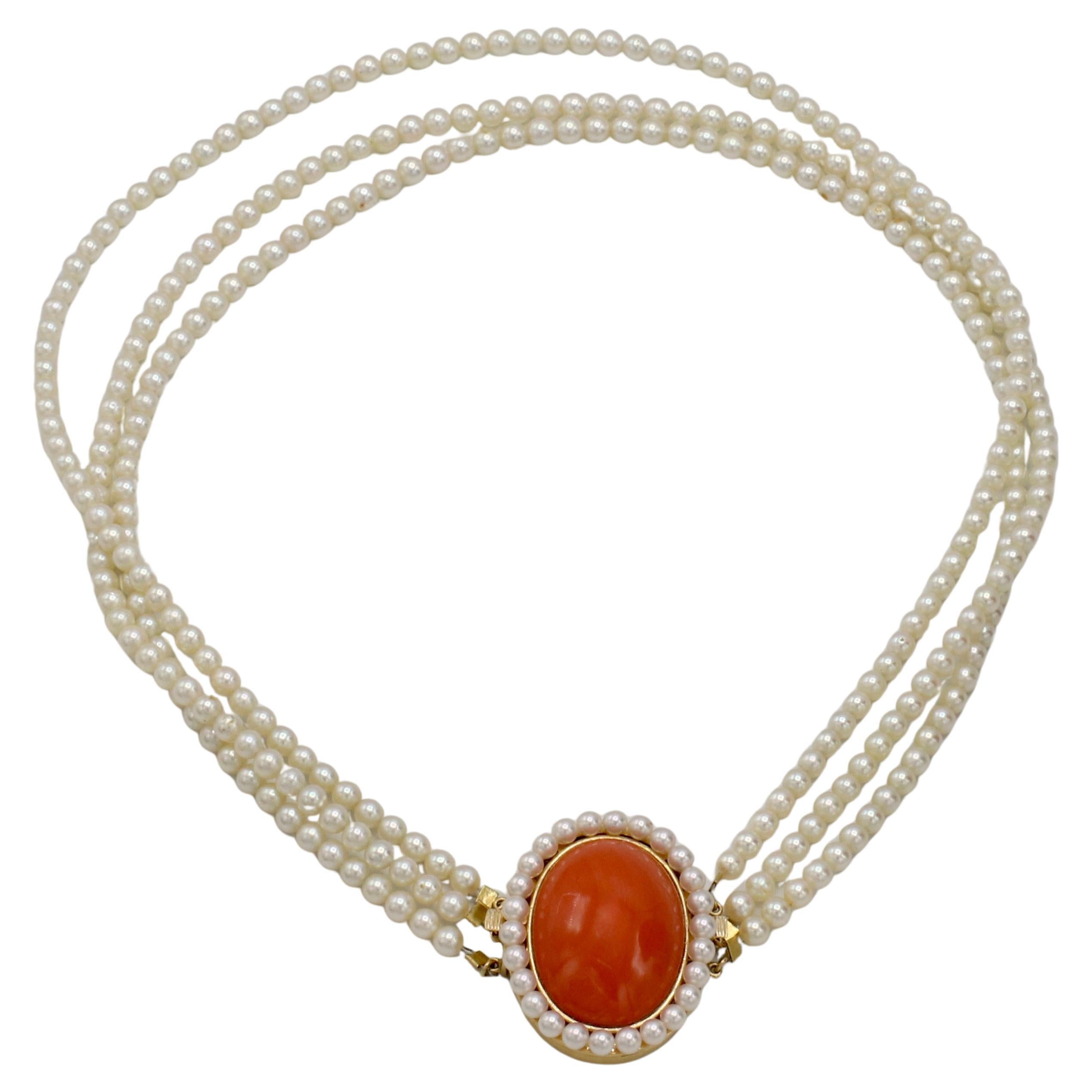 18 Karat Gelbgold Natürliche Koralle & Perle Mehrreihige Anhänger-Halskette im Angebot