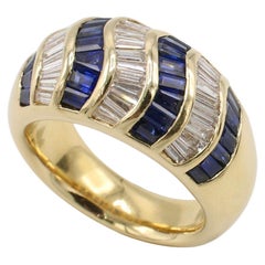 18 Karat Yellow Gold Natural Diamond & Blue Sapphire Dome Band Ring