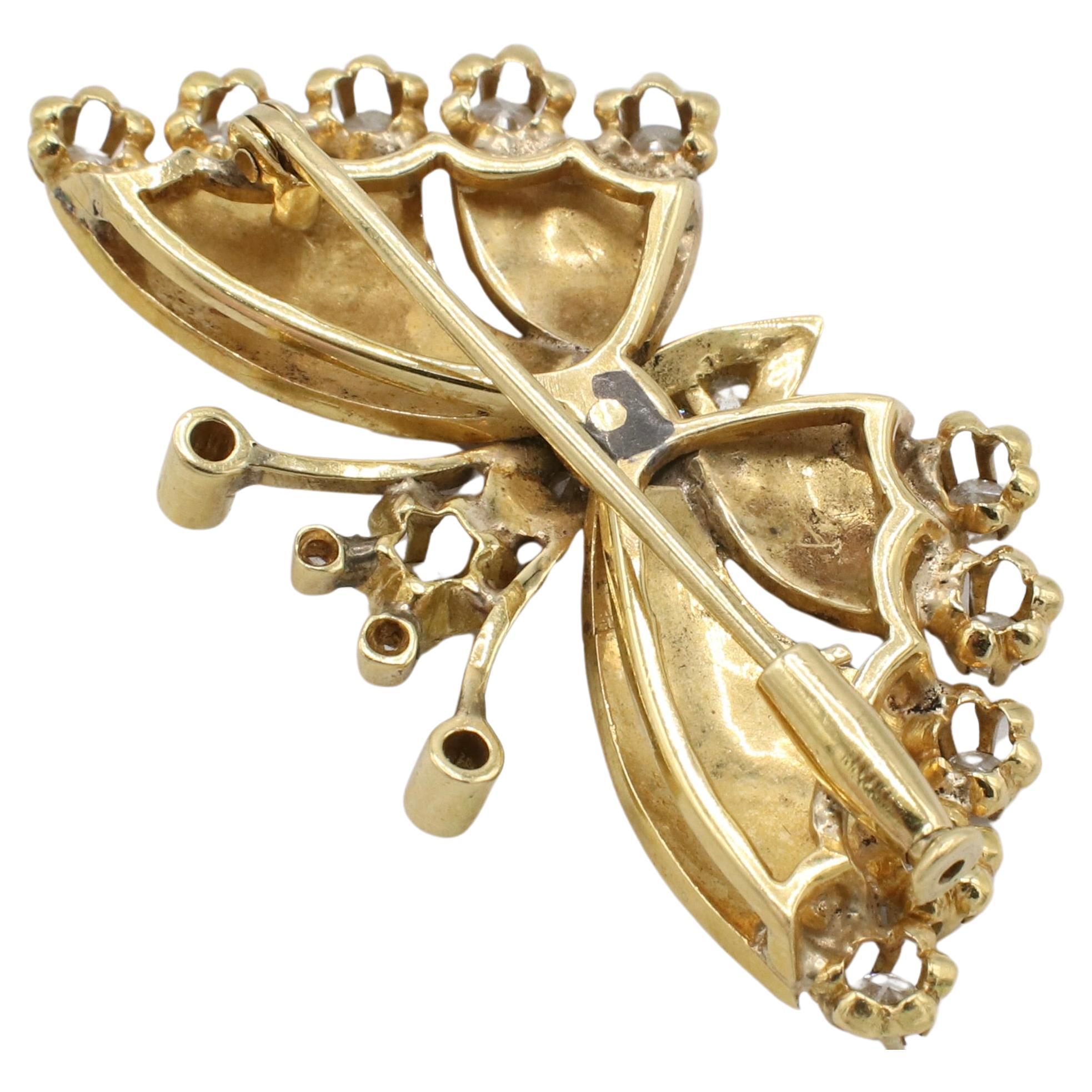 Round Cut 18 Karat Yellow Gold Natural Diamond & Colored Enamel Butterfly Pin Brooch For Sale