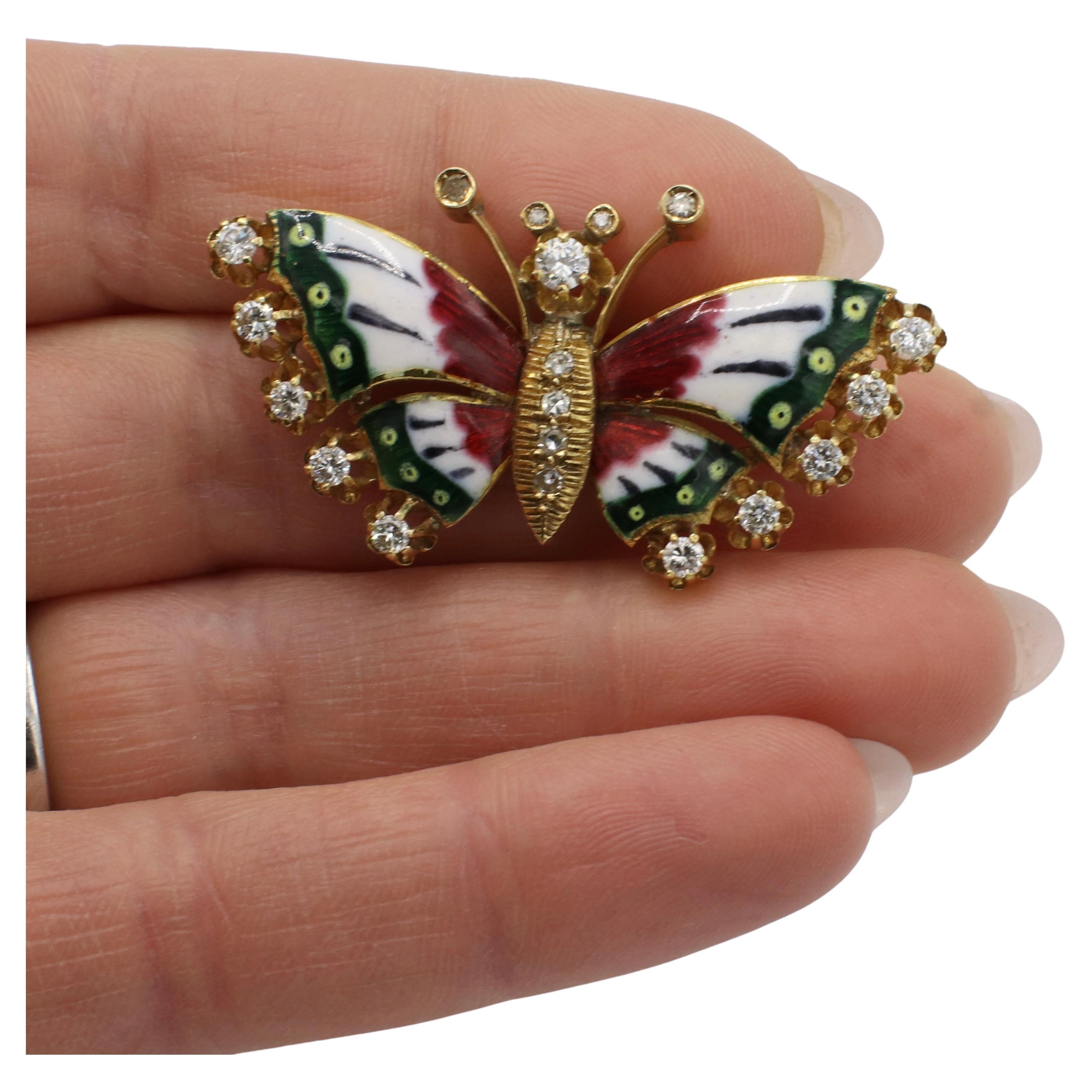 18 Karat Yellow Gold Natural Diamond & Colored Enamel Butterfly Pin Brooch In Good Condition For Sale In  Baltimore, MD