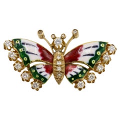 Retro 18 Karat Yellow Gold Natural Diamond & Colored Enamel Butterfly Pin Brooch