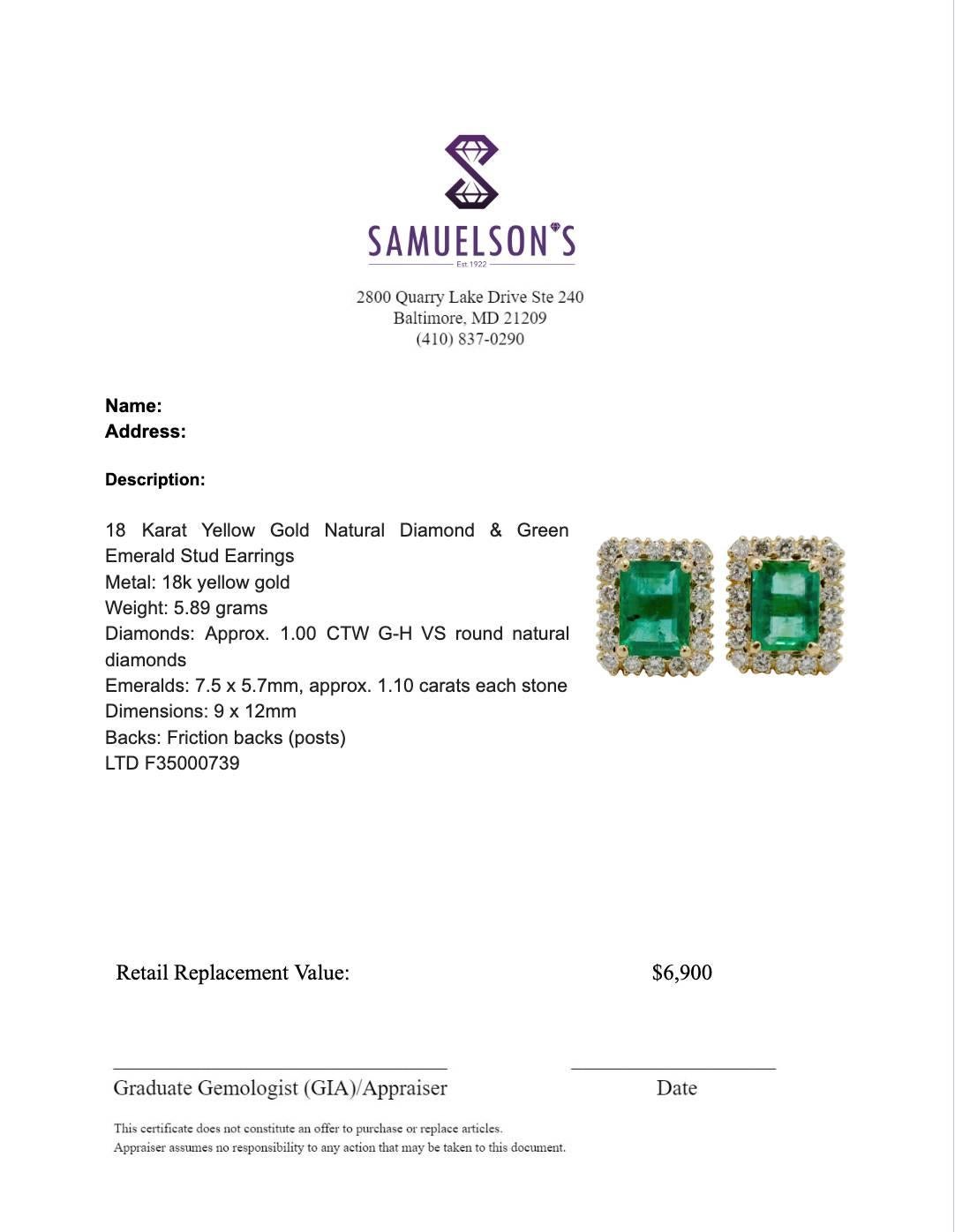 Donna 18 Karat Yellow Gold Natural Diamond & Green Emerald Stud Earrings in vendita