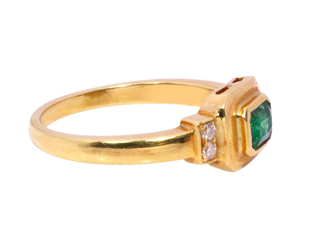 Emerald Cut 18 Karat Yellow Gold Natural Emerald and Diamond Art-Deco Style Ring For Sale