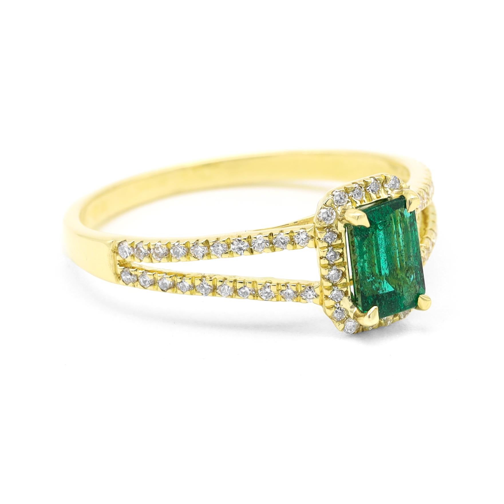18 Karat Yellow Gold Natural Green Emerald and Diamond Cluster Ring

This typical parakeet vivid green emerald cut emerald and round diamond cluster ring is marvelously captivating. The eagle prong-set incredible emerald-cut emerald is glorified