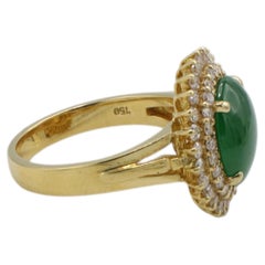 18 Karat Yellow Gold Natural Green Jade & Diamond Double Halo Cocktail Ring