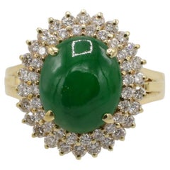 18 Karat Yellow Gold Natural Green Jade & Diamond Double Halo Cocktail Ring
