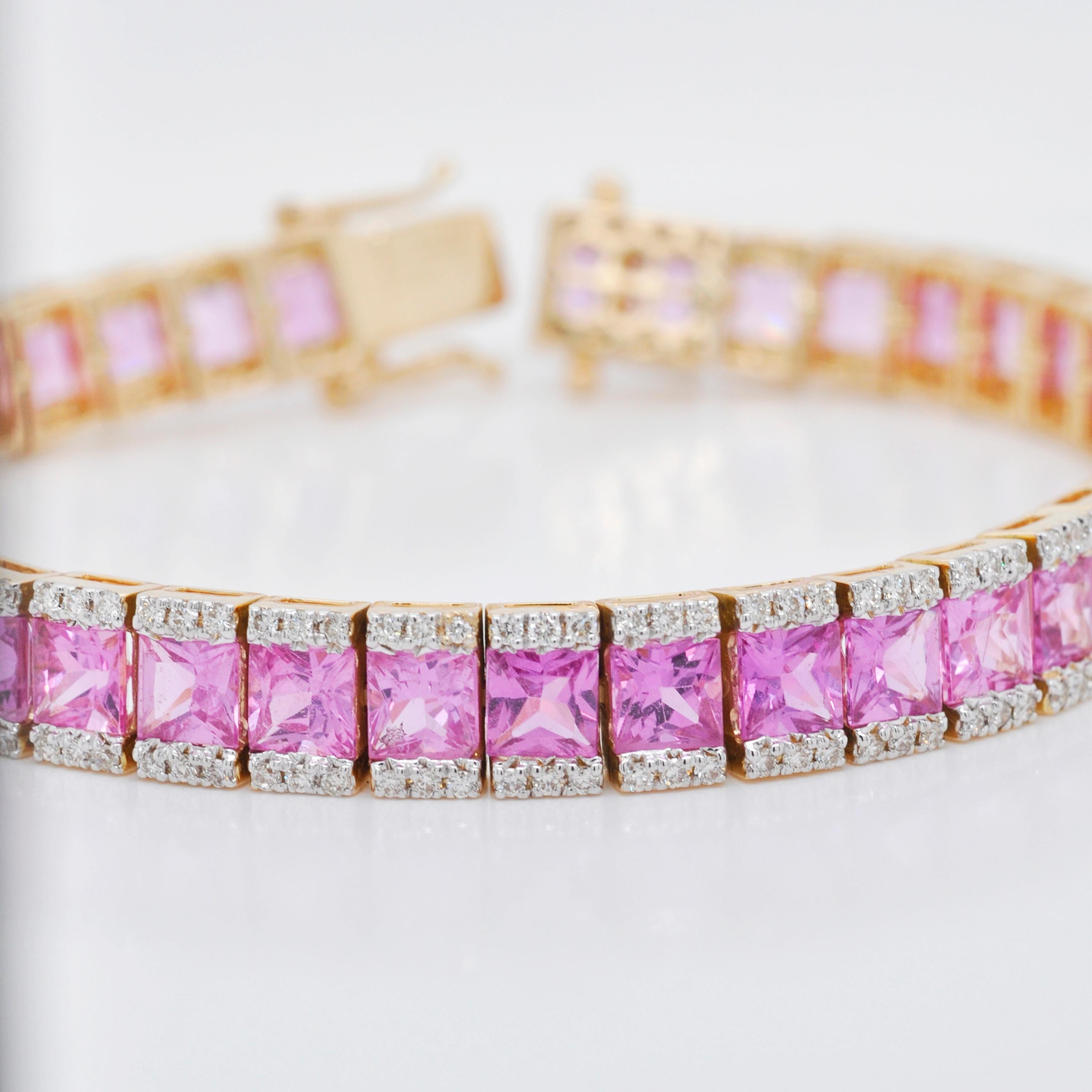 18 Karat Yellow Gold Princess Cut Pink Sapphire Diamond Tennis Line Bracelet 1