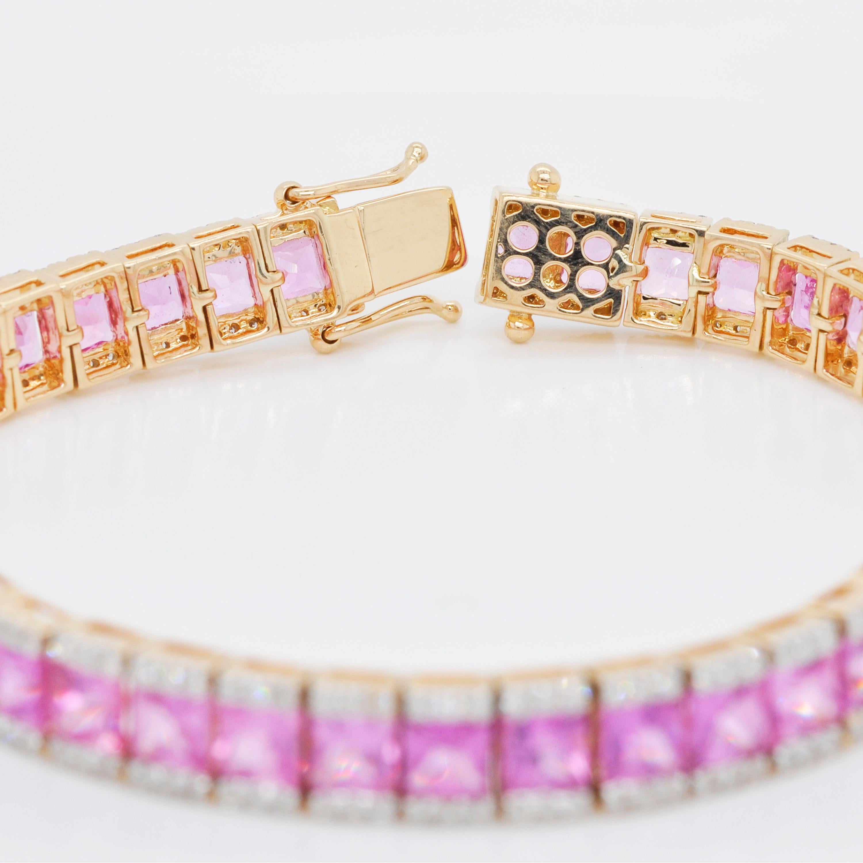 18 Karat Yellow Gold Princess Cut Pink Sapphire Diamond Tennis Line Bracelet 2