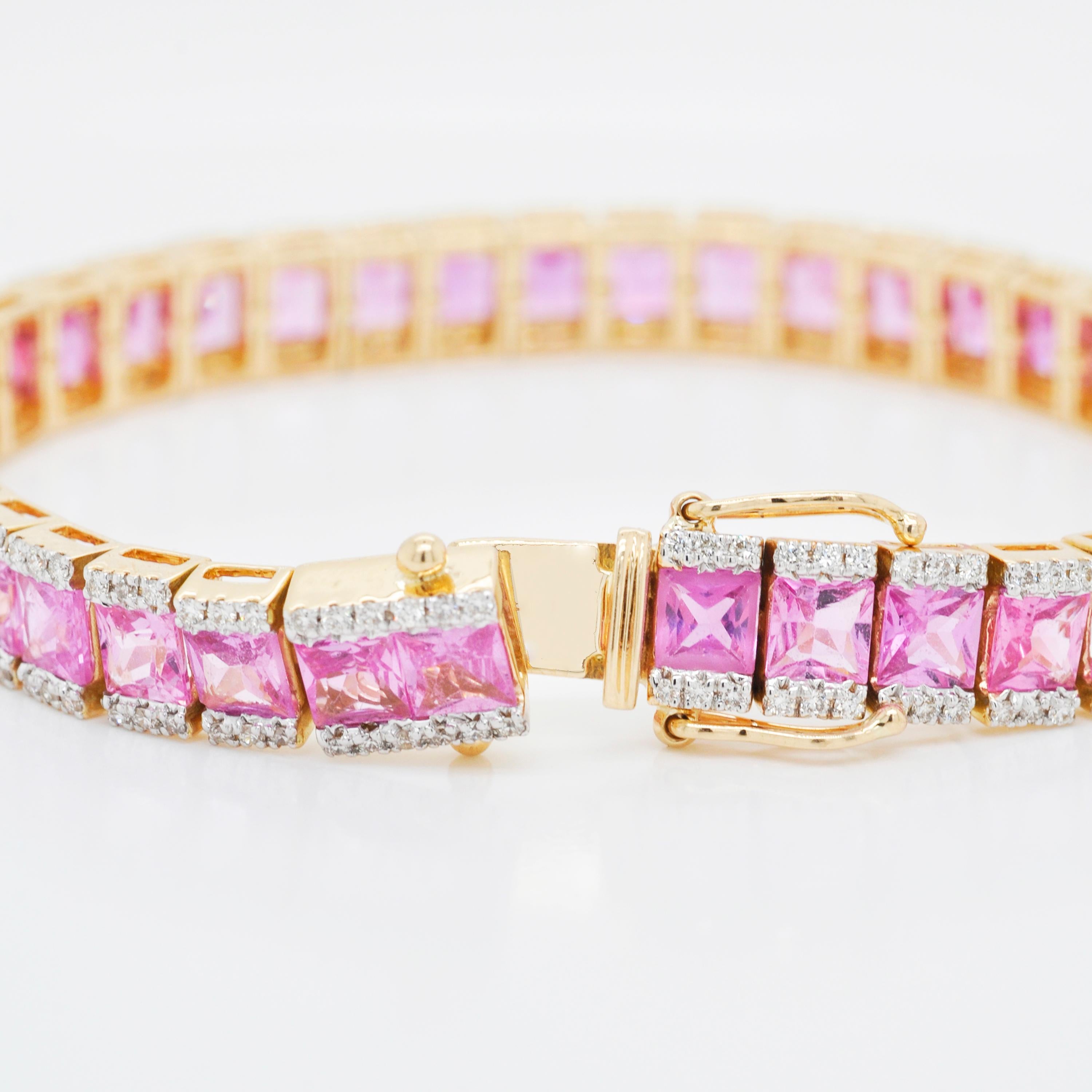 18 Karat Yellow Gold Princess Cut Pink Sapphire Diamond Tennis Line Bracelet 3