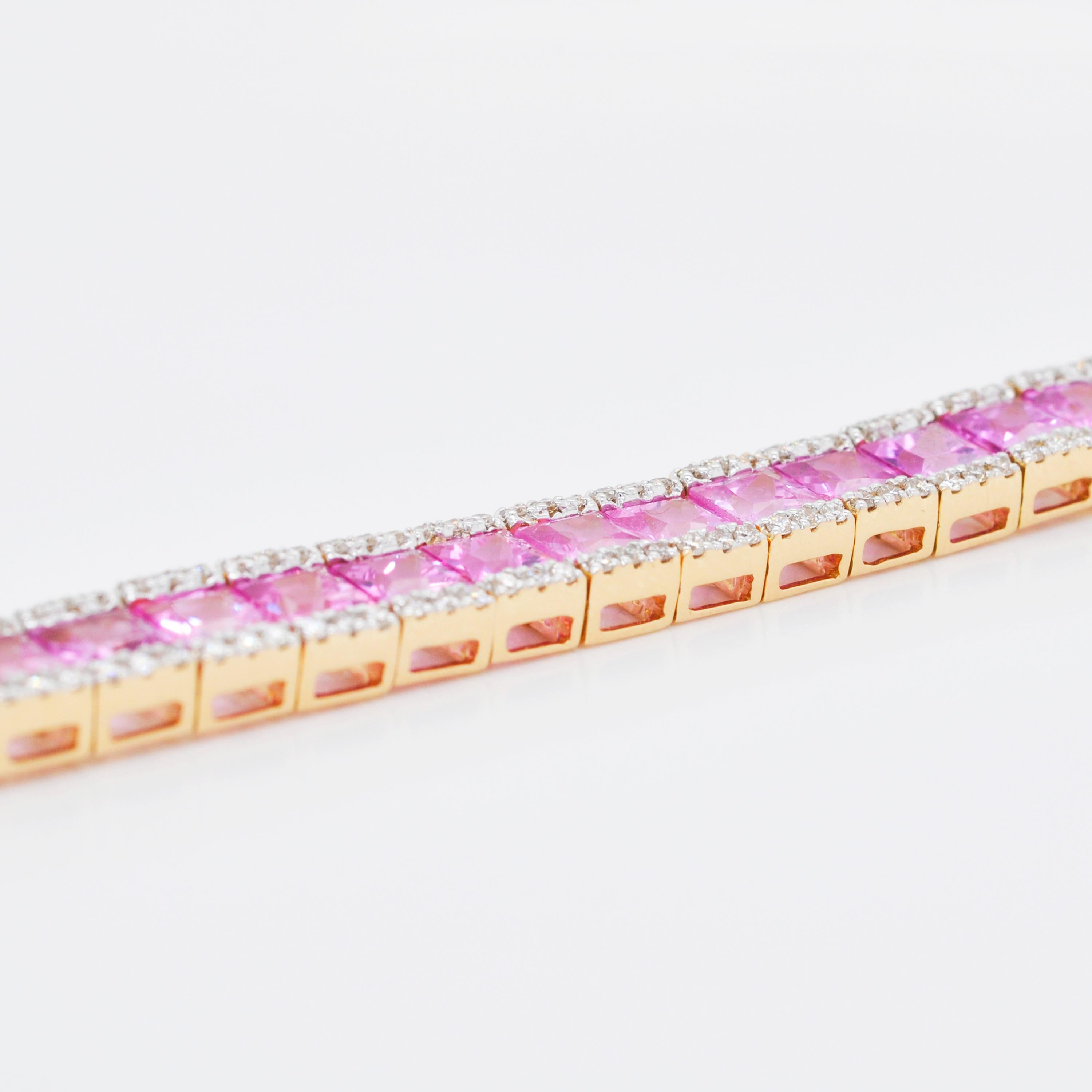 18 Karat Yellow Gold Princess Cut Pink Sapphire Diamond Tennis Line Bracelet 4