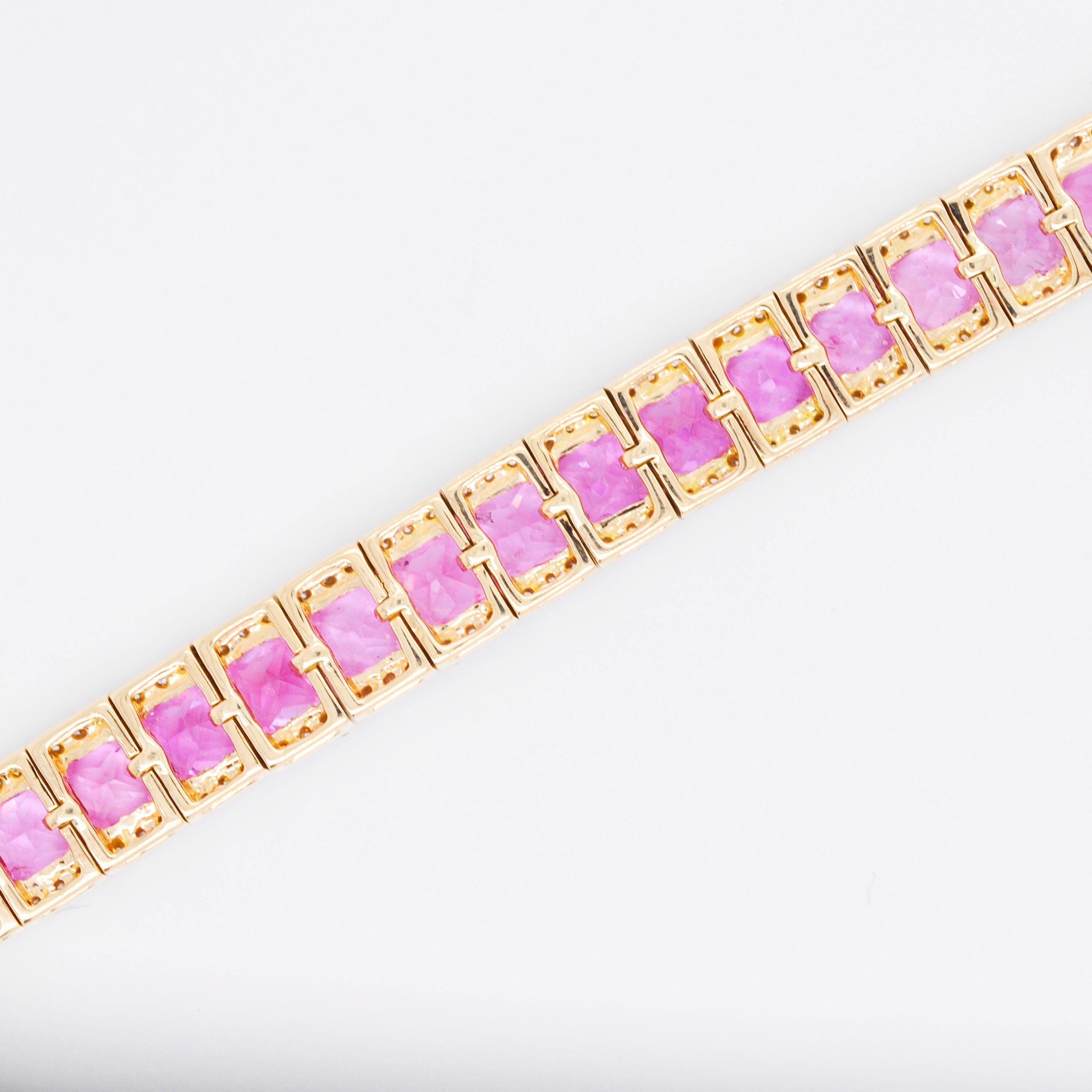 18 Karat Yellow Gold Princess Cut Pink Sapphire Diamond Tennis Line Bracelet 5