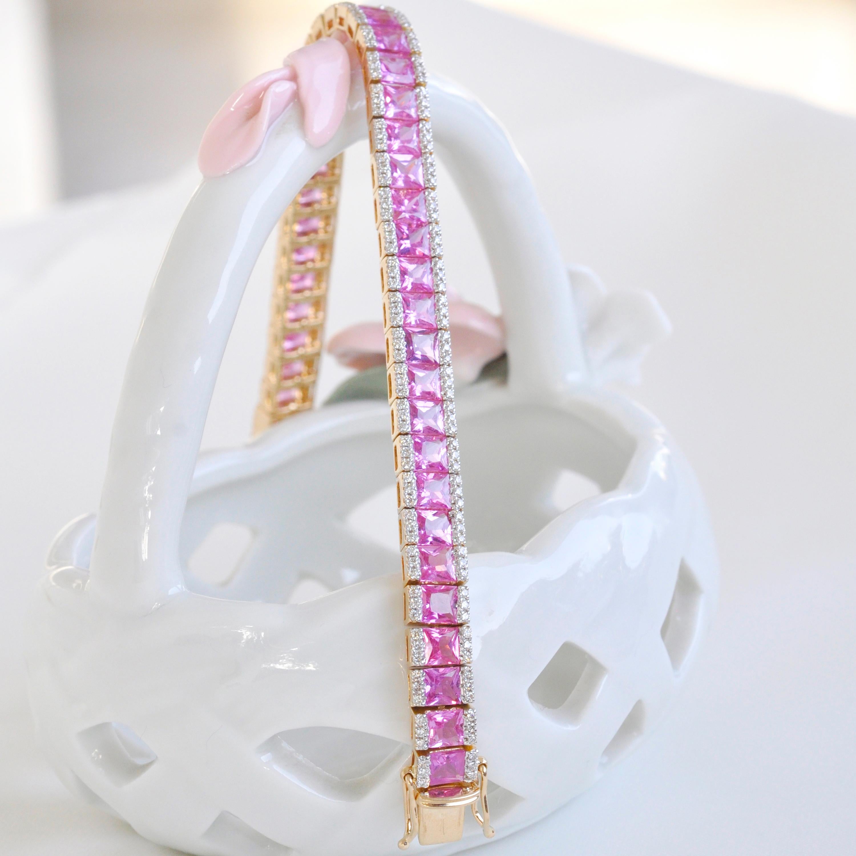 18 Karat Yellow Gold Princess Cut Pink Sapphire Diamond Tennis Line Bracelet 7