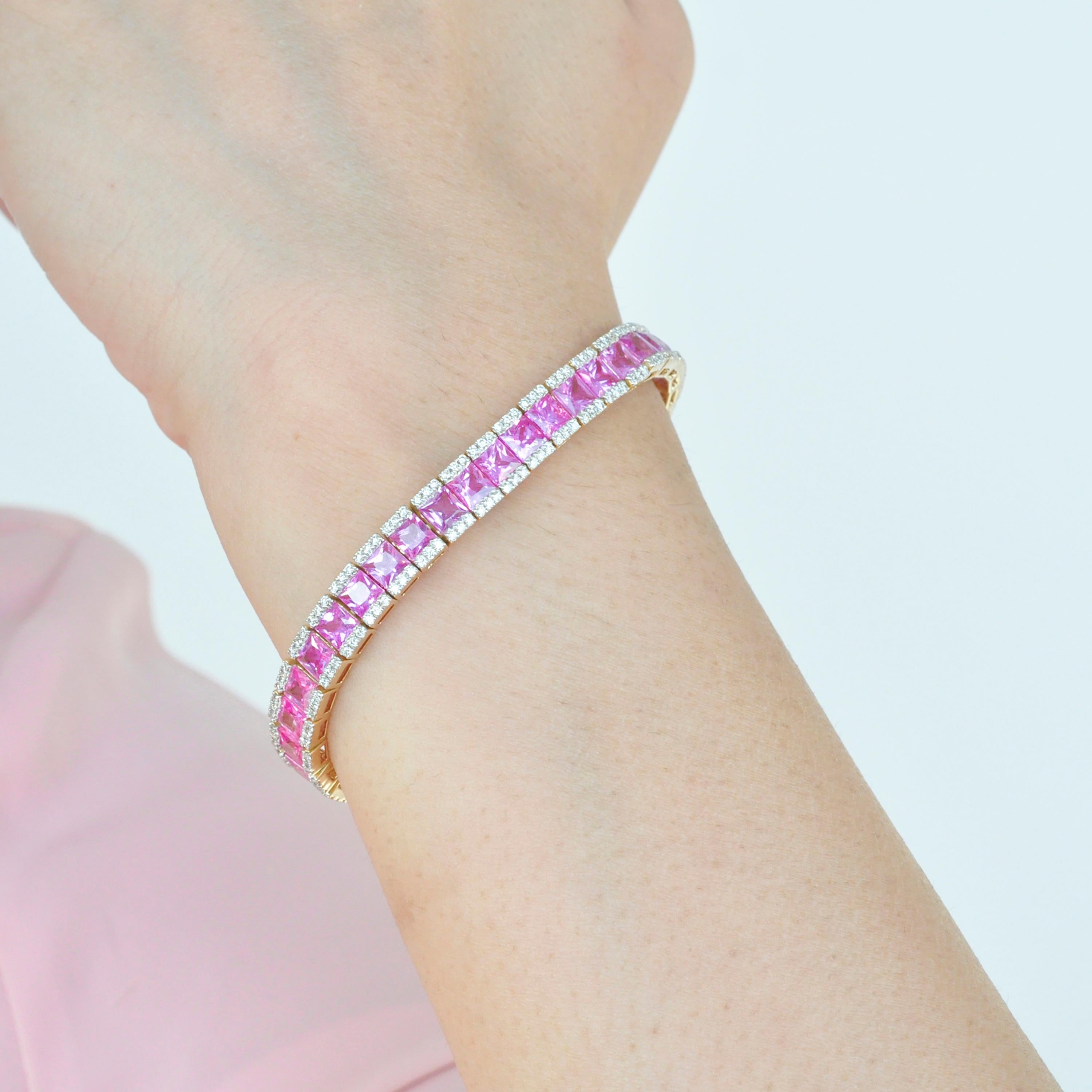 18 Karat Yellow Gold Princess Cut Pink Sapphire Diamond Tennis Line Bracelet 9