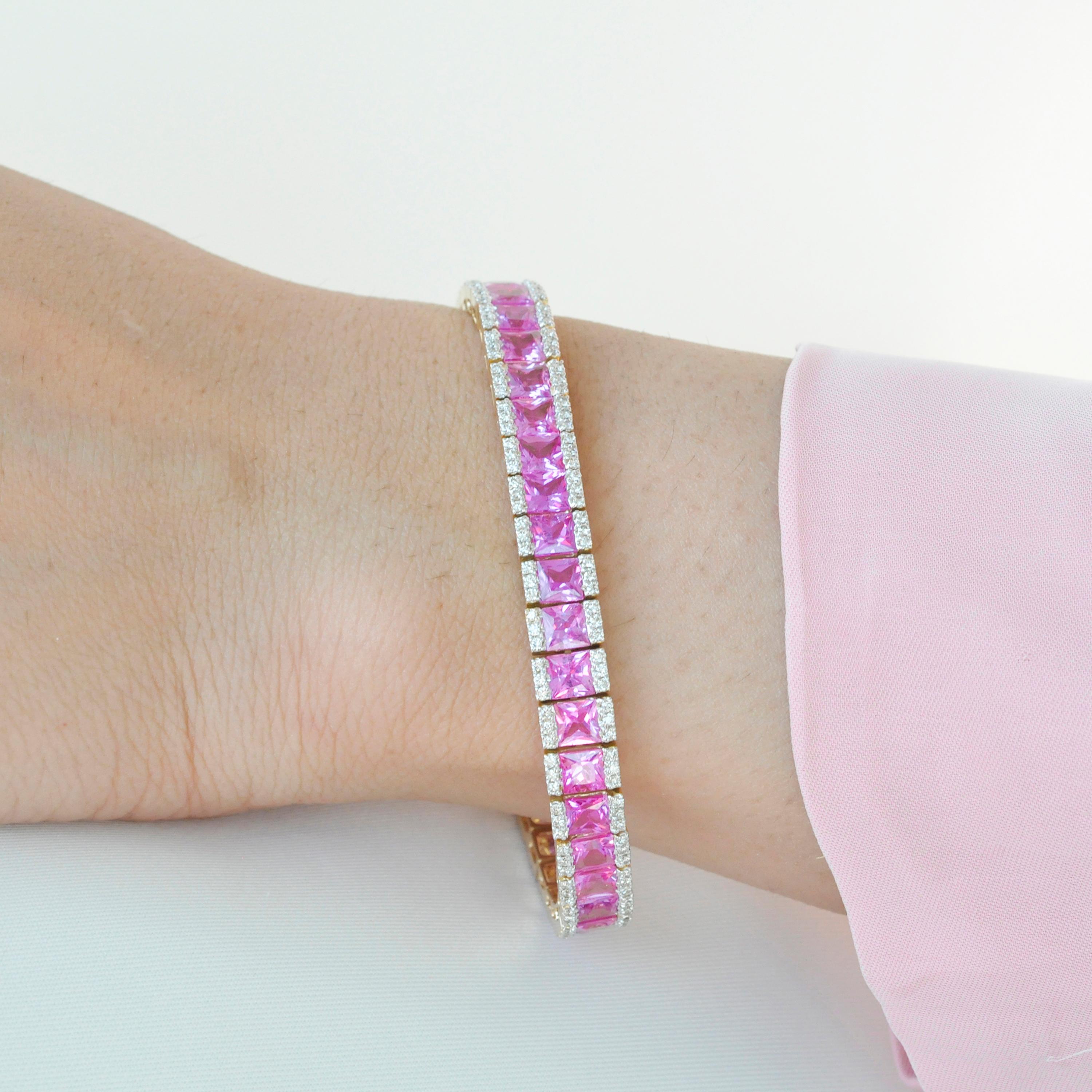 18 karat yellow gold princess cut natural pink sapphire diamond tennis line bracelet.

THE PINK DELIGHT! This masterful pink sapphires tennis bracelet is sparklingly stunning. The identical 40 matching princess cut pink sapphires of size 4 mm