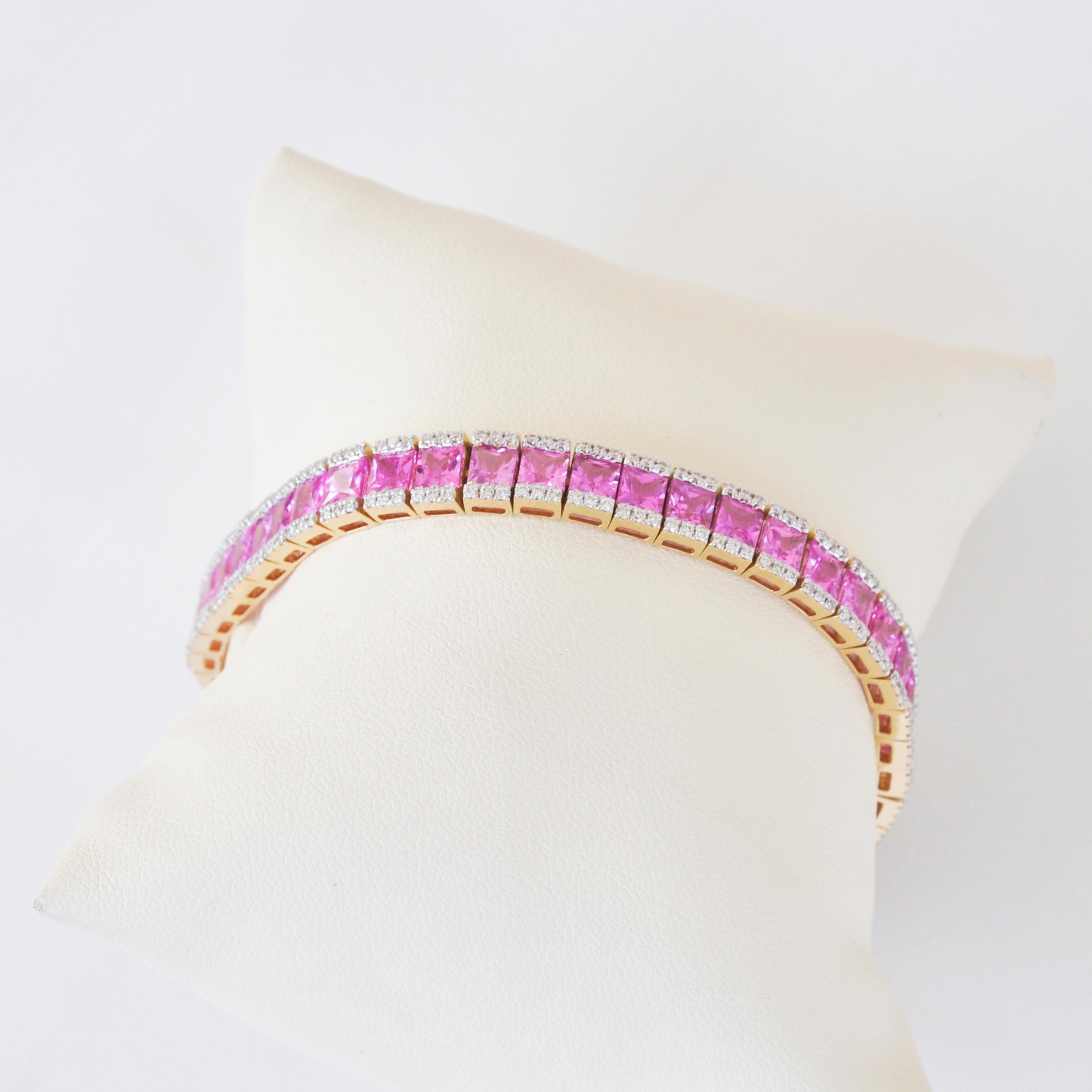 Contemporary 18 Karat Yellow Gold Princess Cut Pink Sapphire Diamond Tennis Line Bracelet