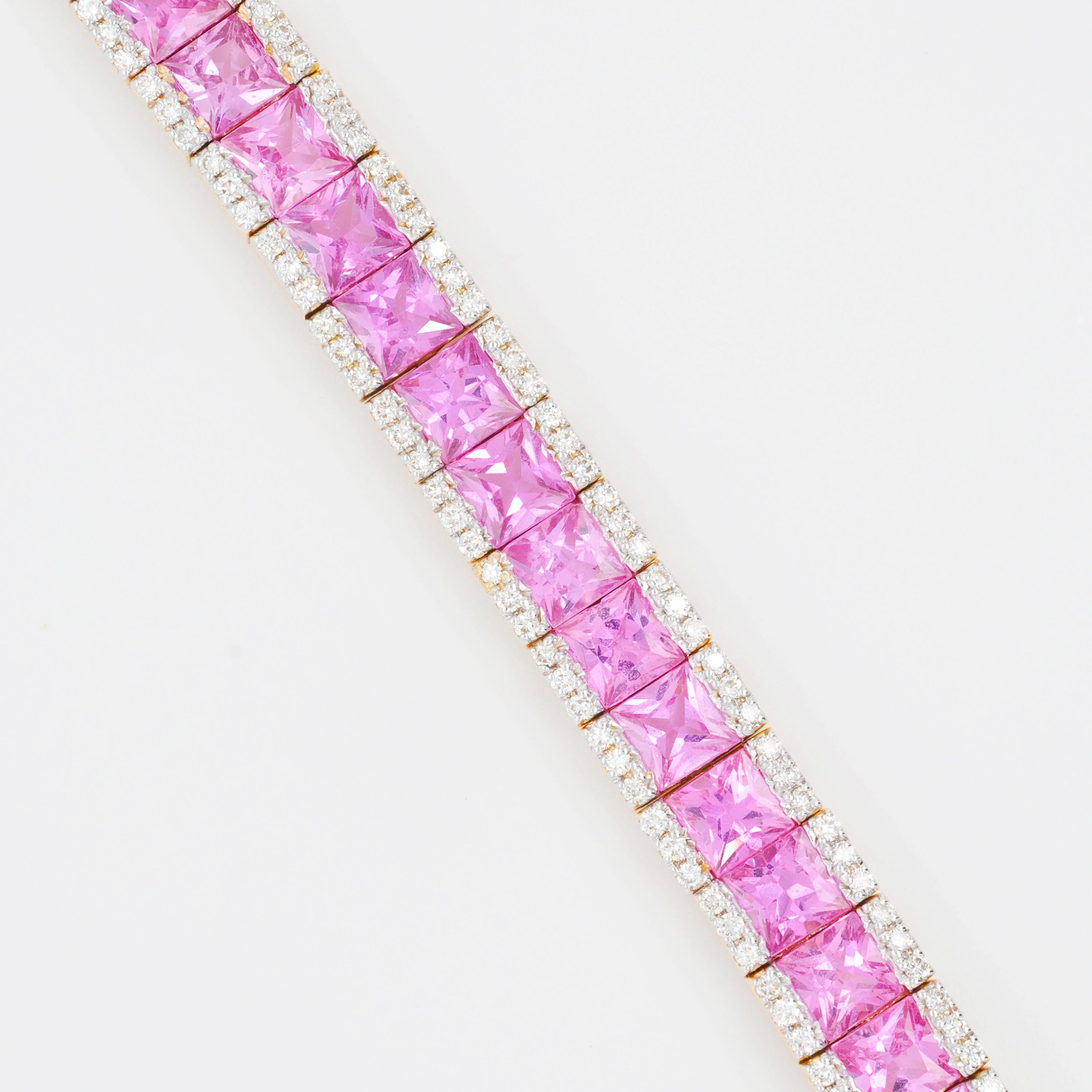 Square Cut 18 Karat Yellow Gold Princess Cut Pink Sapphire Diamond Tennis Line Bracelet