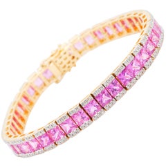 18 Karat Yellow Gold Princess Cut Pink Sapphire Diamond Tennis Line Bracelet