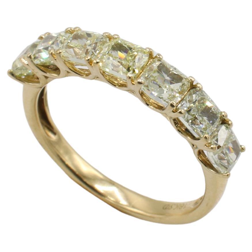 18 Karat Yellow Gold Natural Radiant Light Yellow Diamond Half Wedding Band Ring 
Metal: 18k yellow gold
Weight: 2.79 grams
Diamonds: 7 radiant natural light yellow VS diamonds approx. 1.75 CTW
Size: 7 (US)
Height: 3.7mm
Width: 2.5 x 3.7mm
KDD