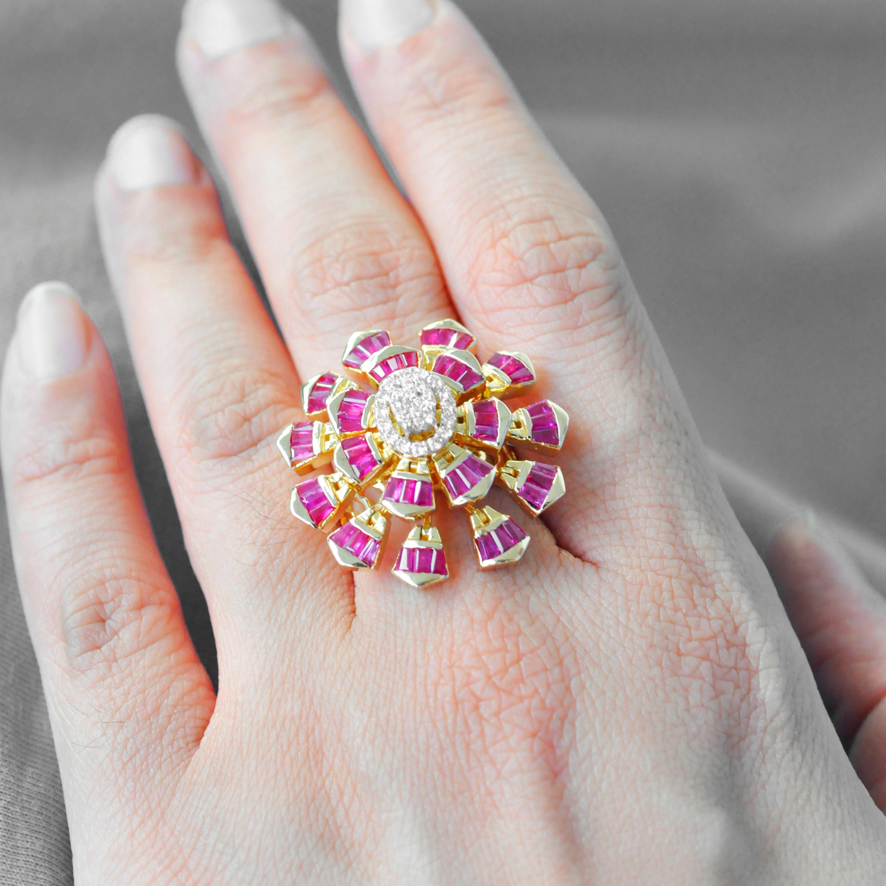 18 Karat Yellow Gold Natural Ruby Baguette Diamond Flower Cocktail Ring For Sale 4