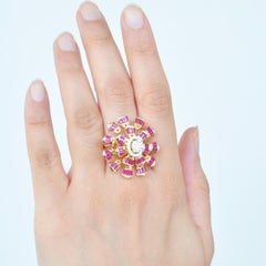 18 Karat Yellow Gold Natural Ruby Baguette Diamond Flower Cocktail Ring
