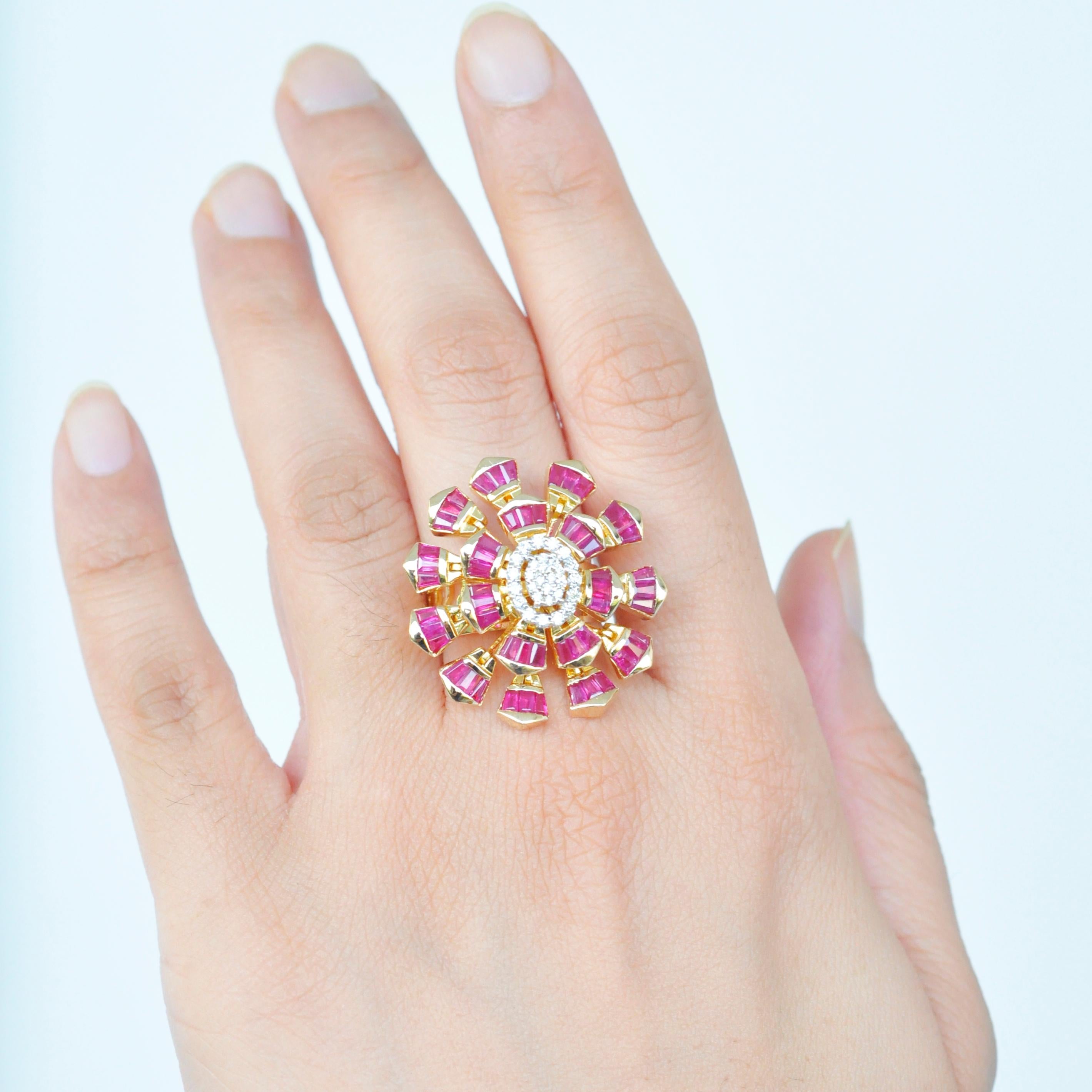 Contemporary 18 Karat Yellow Gold Natural Ruby Baguette Diamond Flower Cocktail Ring For Sale