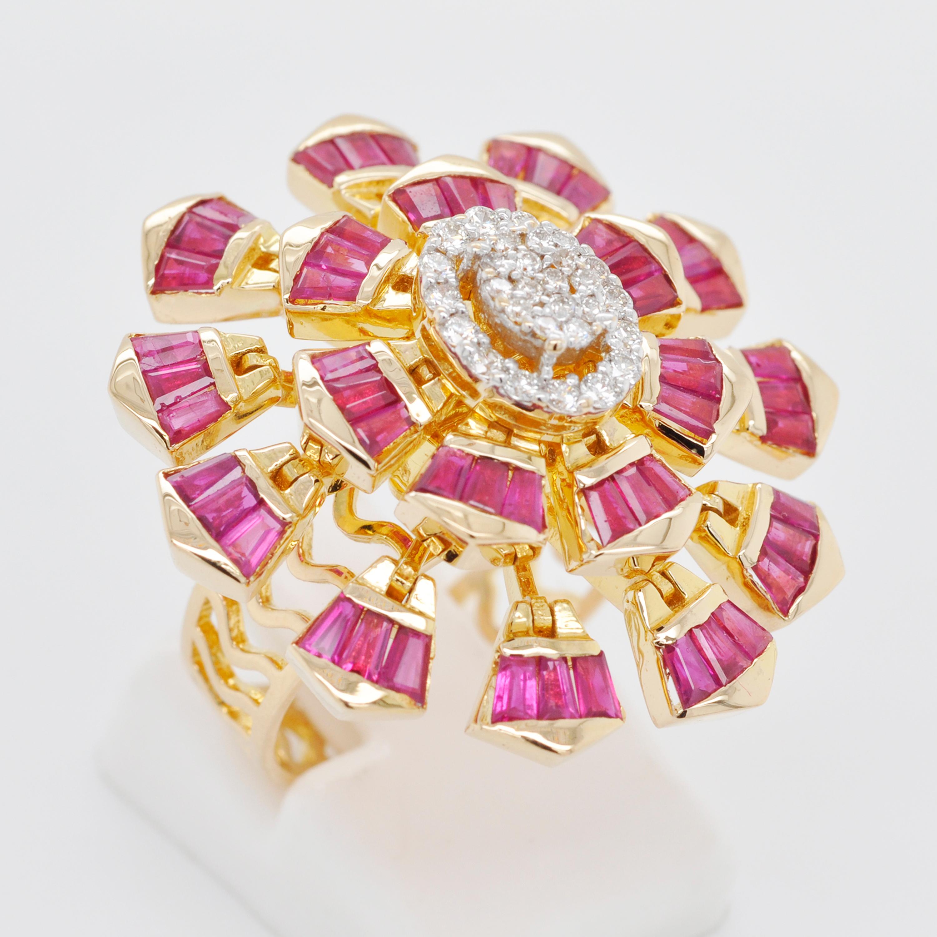 18 Karat Yellow Gold Natural Ruby Baguette Diamond Flower Cocktail Ring For Sale 1