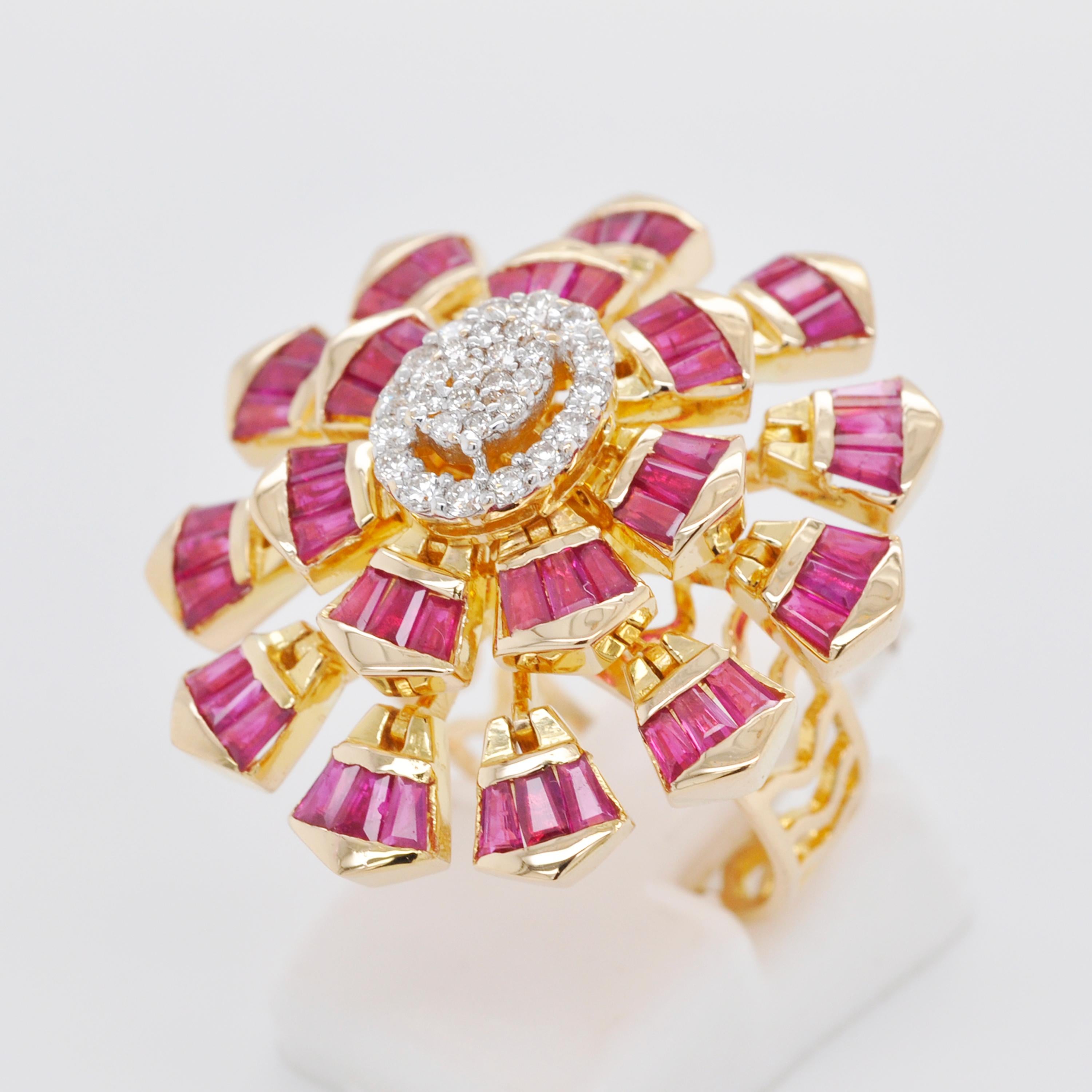 18 Karat Yellow Gold Natural Ruby Baguette Diamond Flower Cocktail Ring For Sale 2