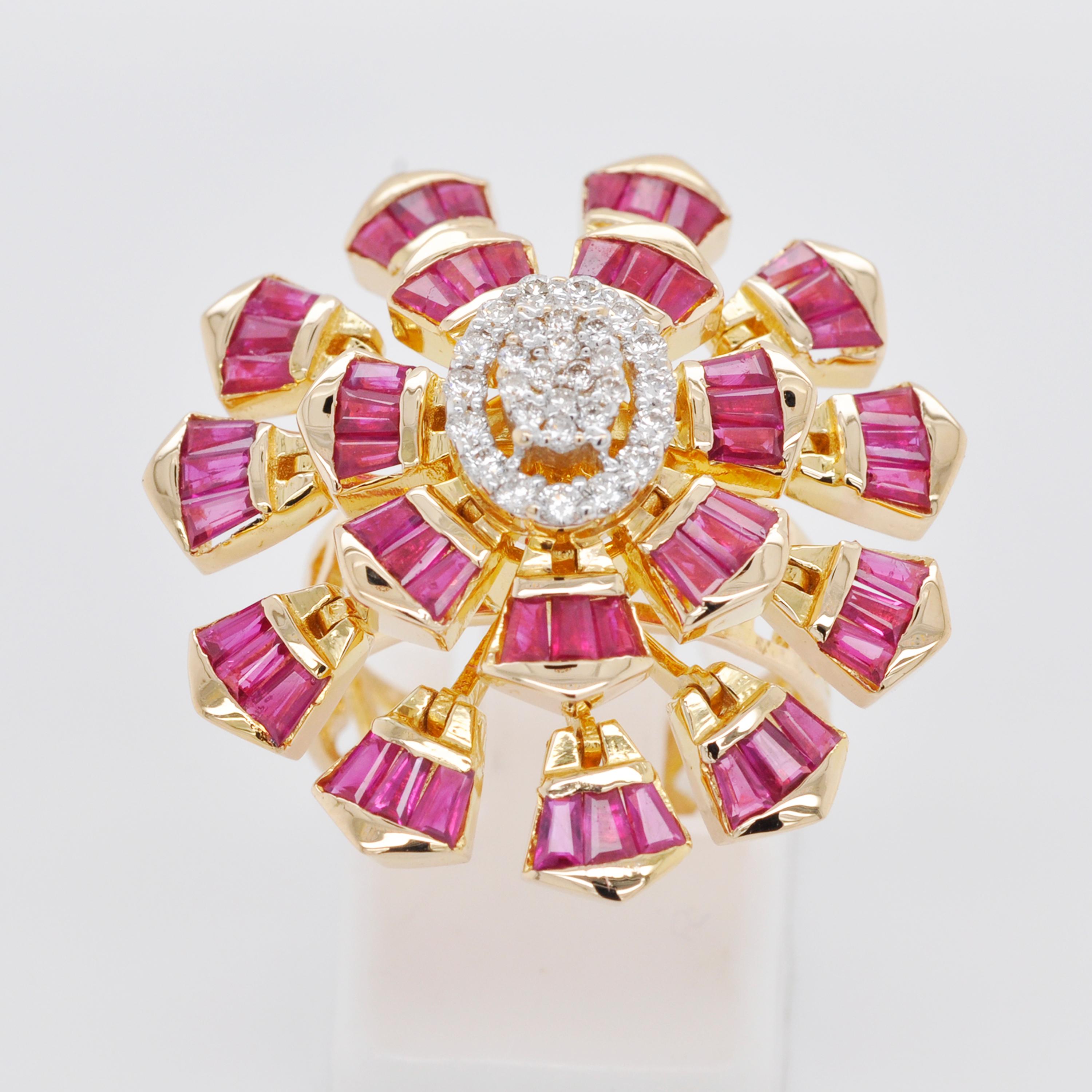 18 Karat Yellow Gold Natural Ruby Baguette Diamond Flower Cocktail Ring For Sale 3