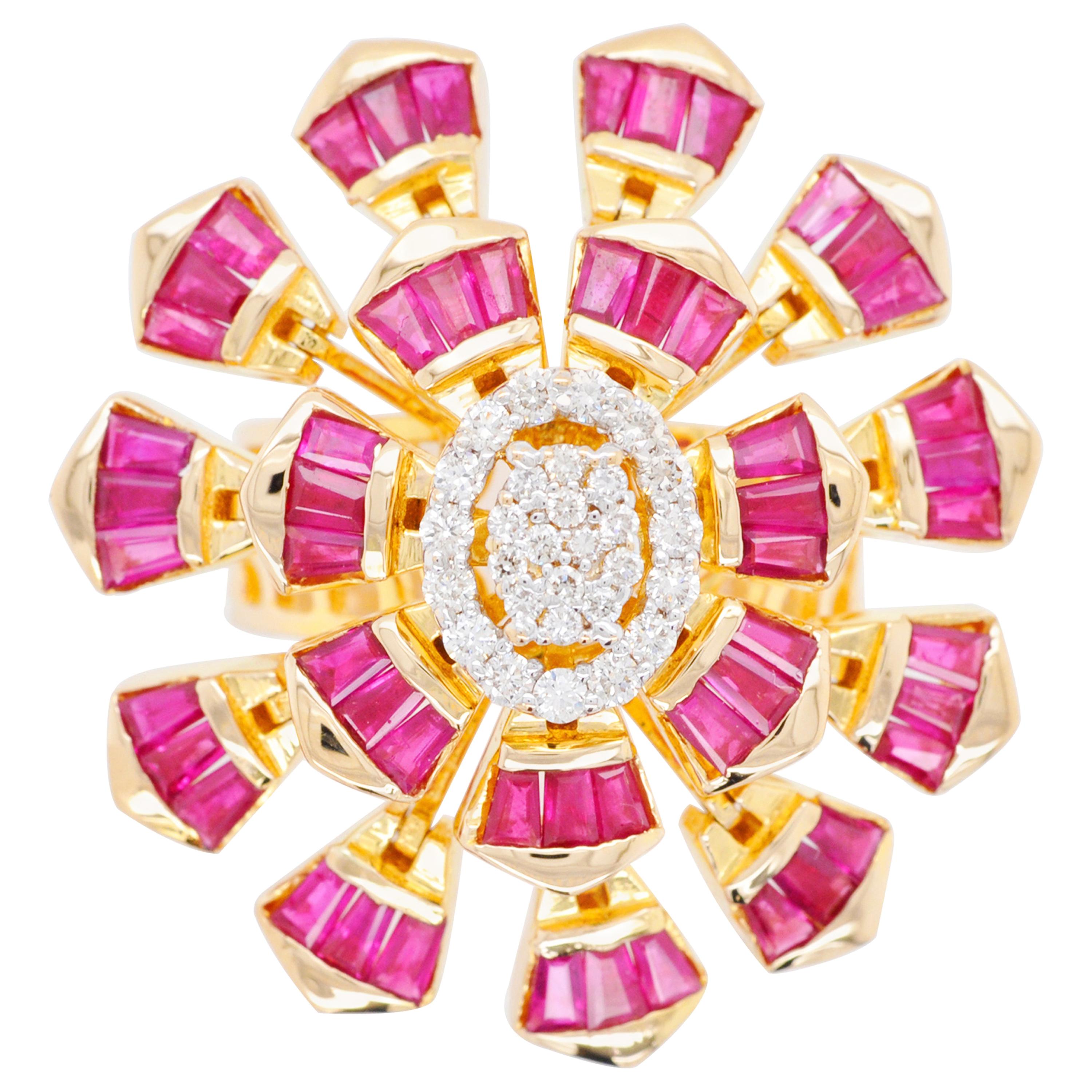 18 Karat Yellow Gold Natural Ruby Baguette Diamond Flower Cocktail Ring For Sale
