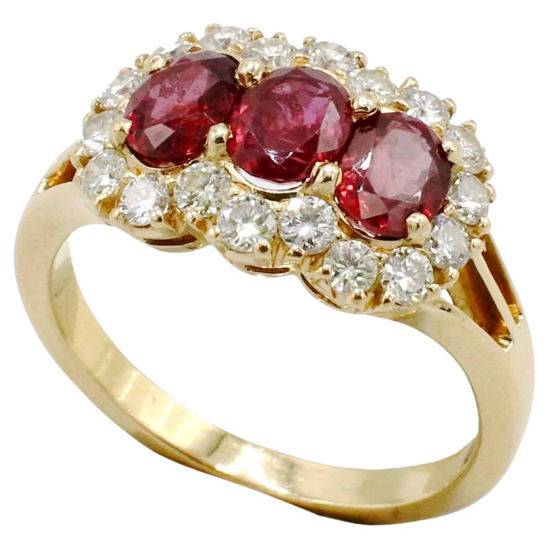 18 Karat Yellow Gold Natural Ruby & Diamond Halo Three-Stone Cocktail Ring