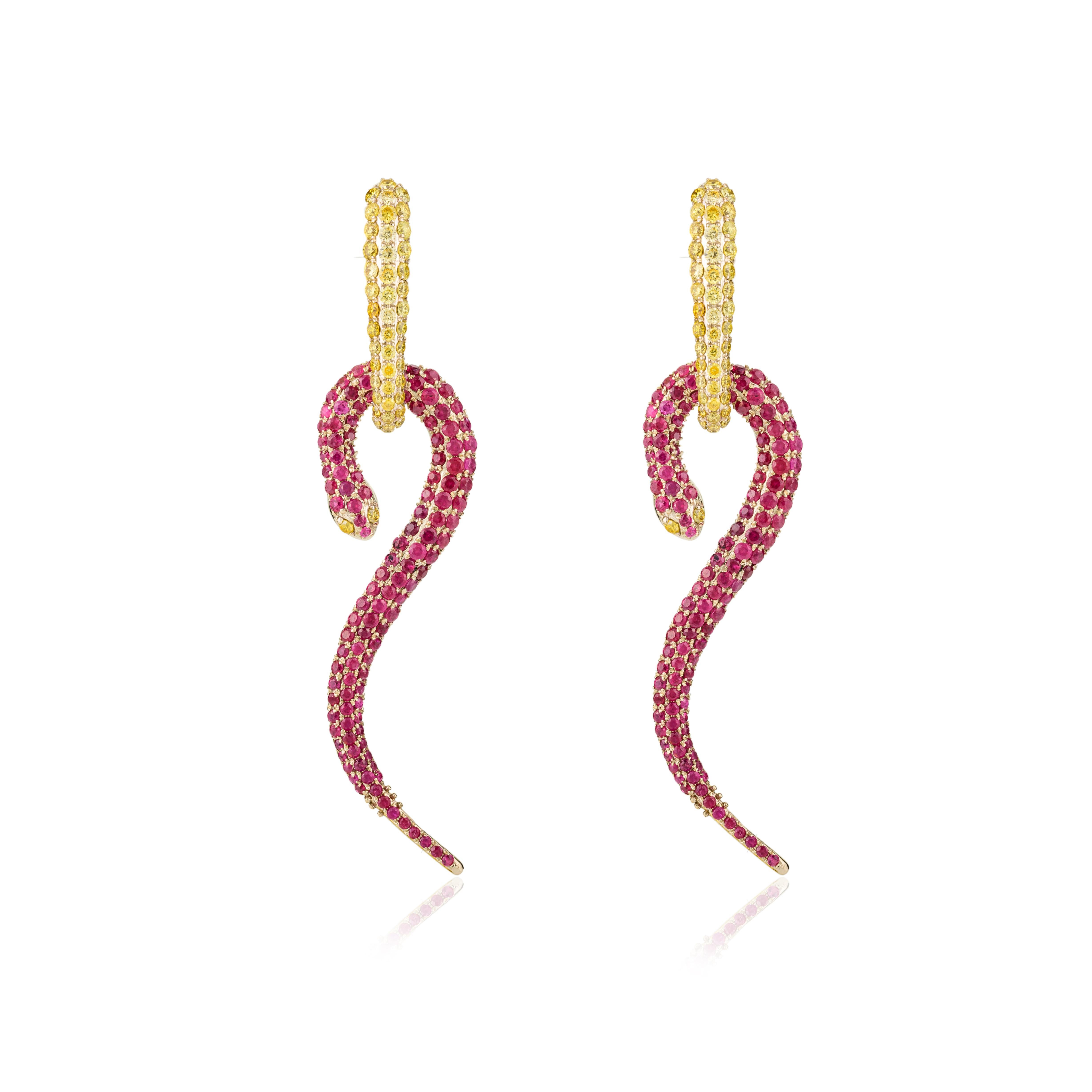 Contemporary 18 Karat Yellow Gold Natural Ruby Diamond Pave Snake Dangle Earrings for Her For Sale