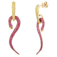 18 Karat Yellow Gold Natural Ruby Diamond Pave Snake Dangle Earrings for Her