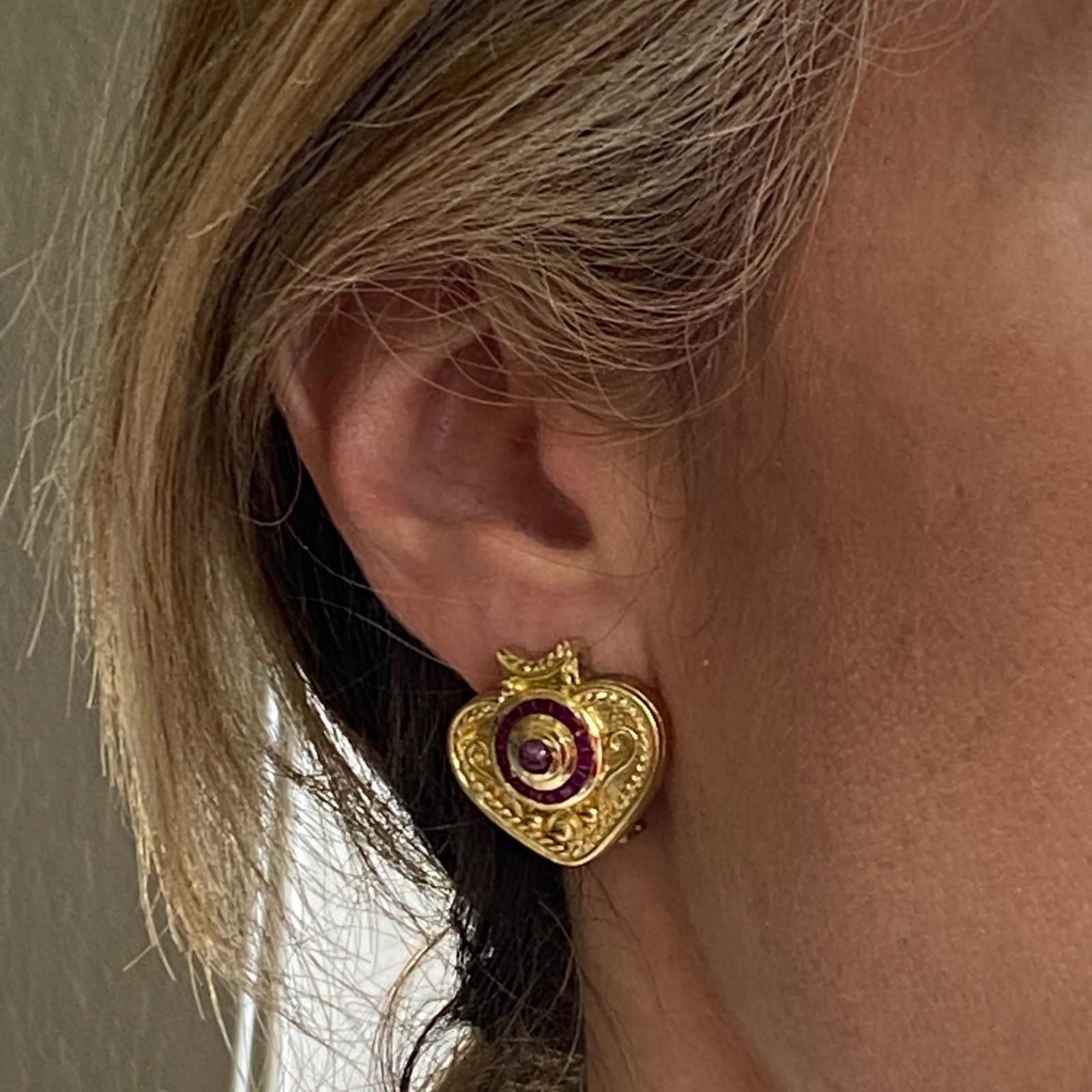 Greek Revival  18 Karat Yellow Gold Natural Ruby Heart Shape Etruscan Style Vintage Earrings 