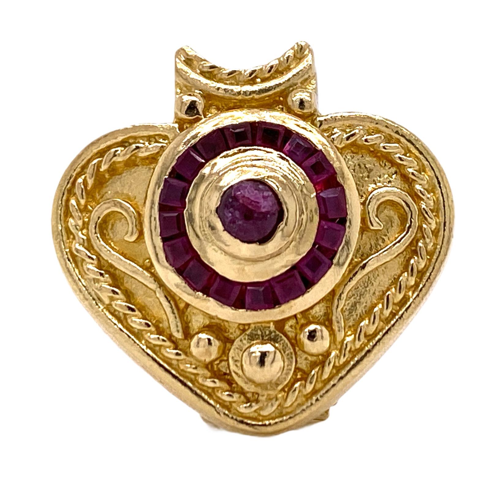  18 Karat Yellow Gold Natural Ruby Heart Shape Etruscan Style Vintage Earrings  In Excellent Condition In Boca Raton, FL
