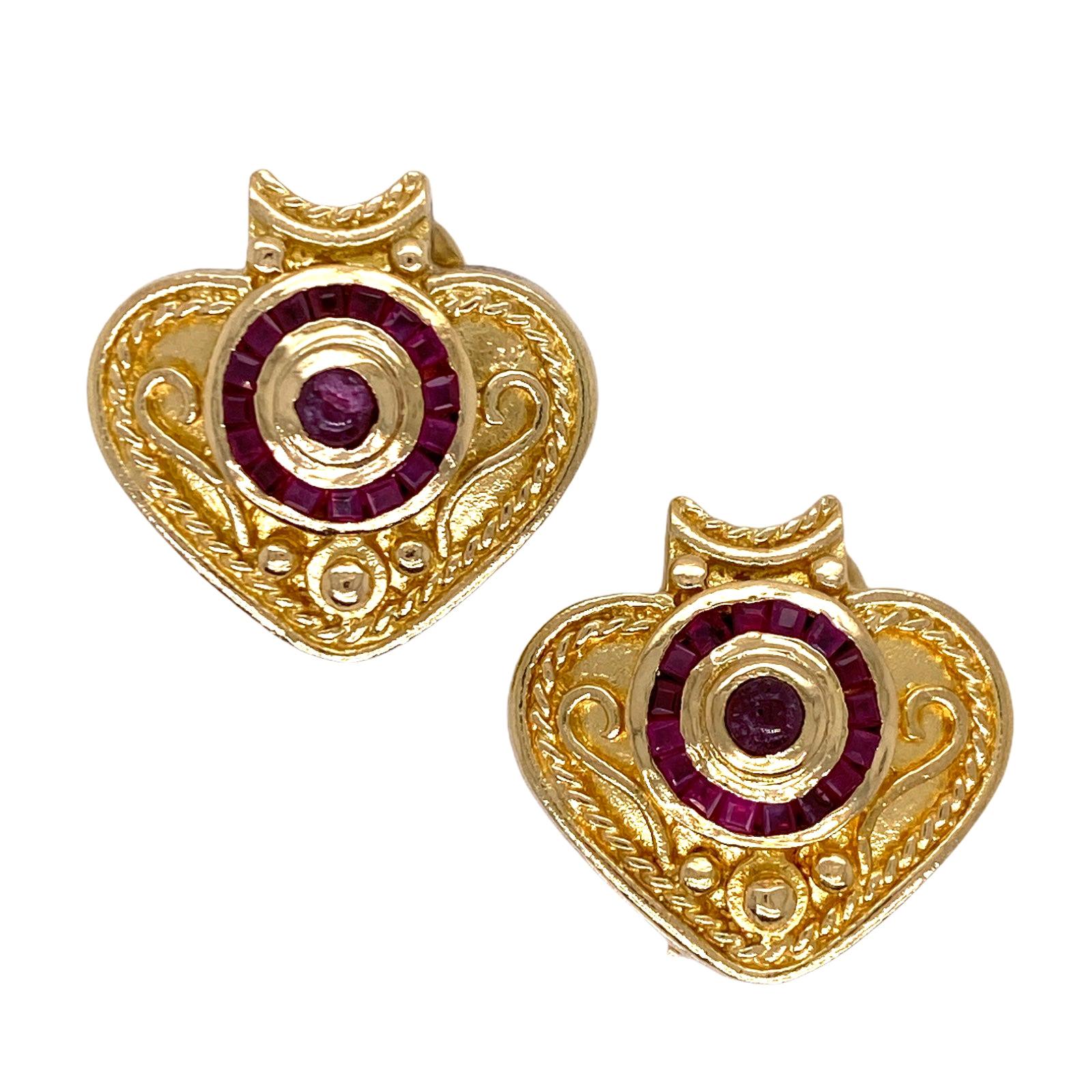  18 Karat Yellow Gold Natural Ruby Heart Shape Etruscan Style Vintage Earrings 