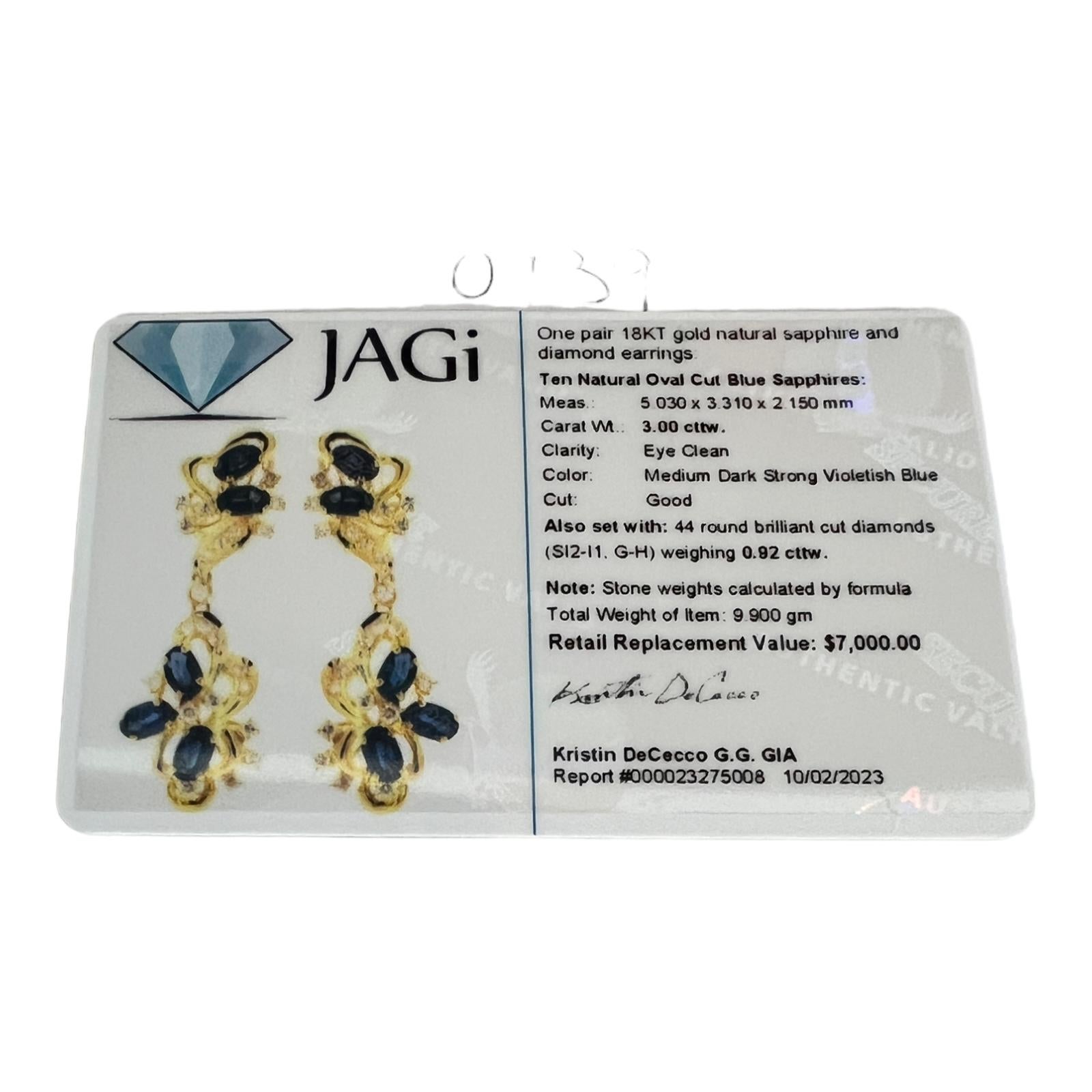 18 Karat Yellow Gold Natural Sapphire and Diamond Dangle Earrings For Sale 2