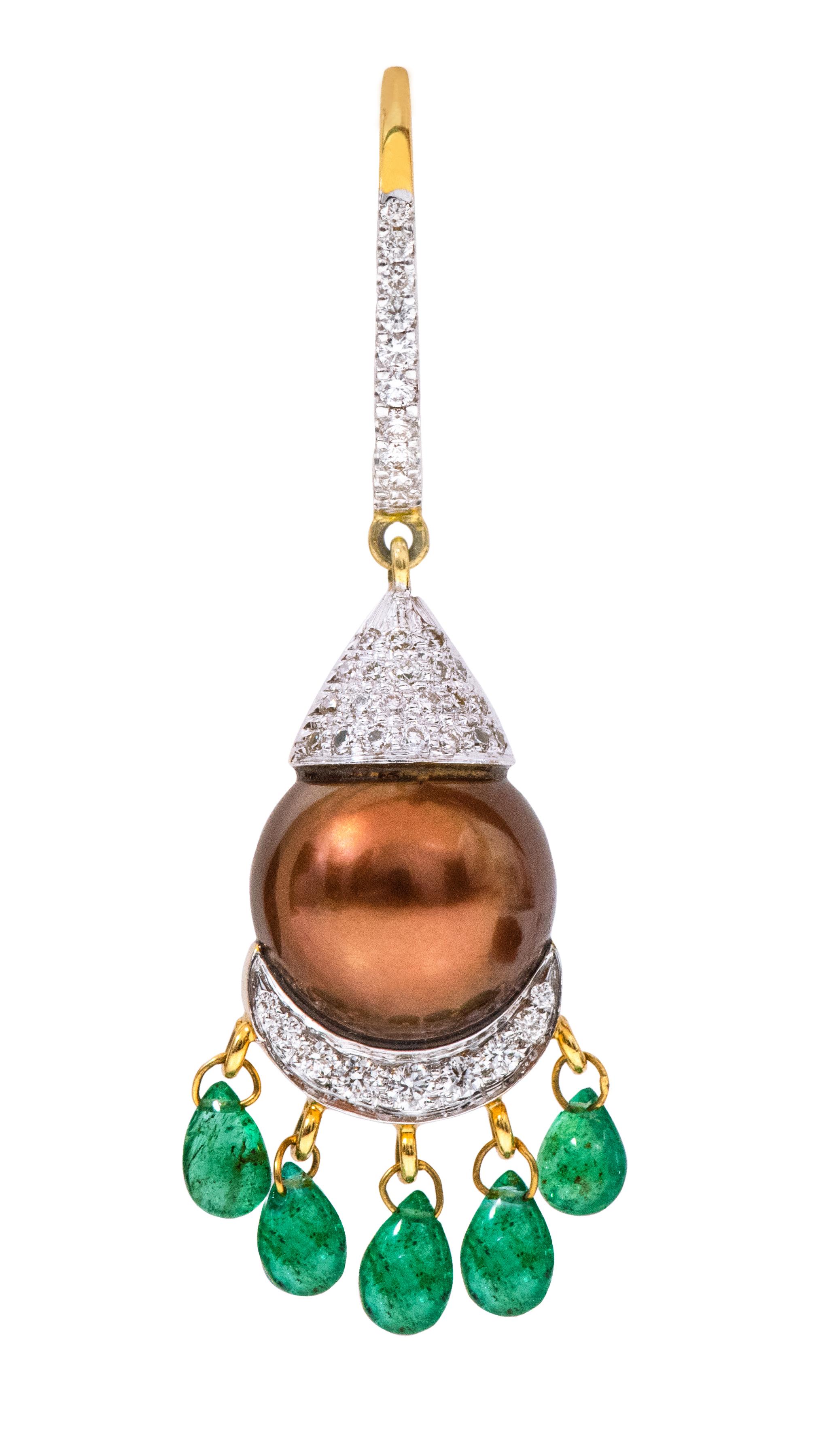 Women's 18 Karat Yellow Gold Natural South Sea Pearl, Emerald and Diamond Drop Earrings For Sale
